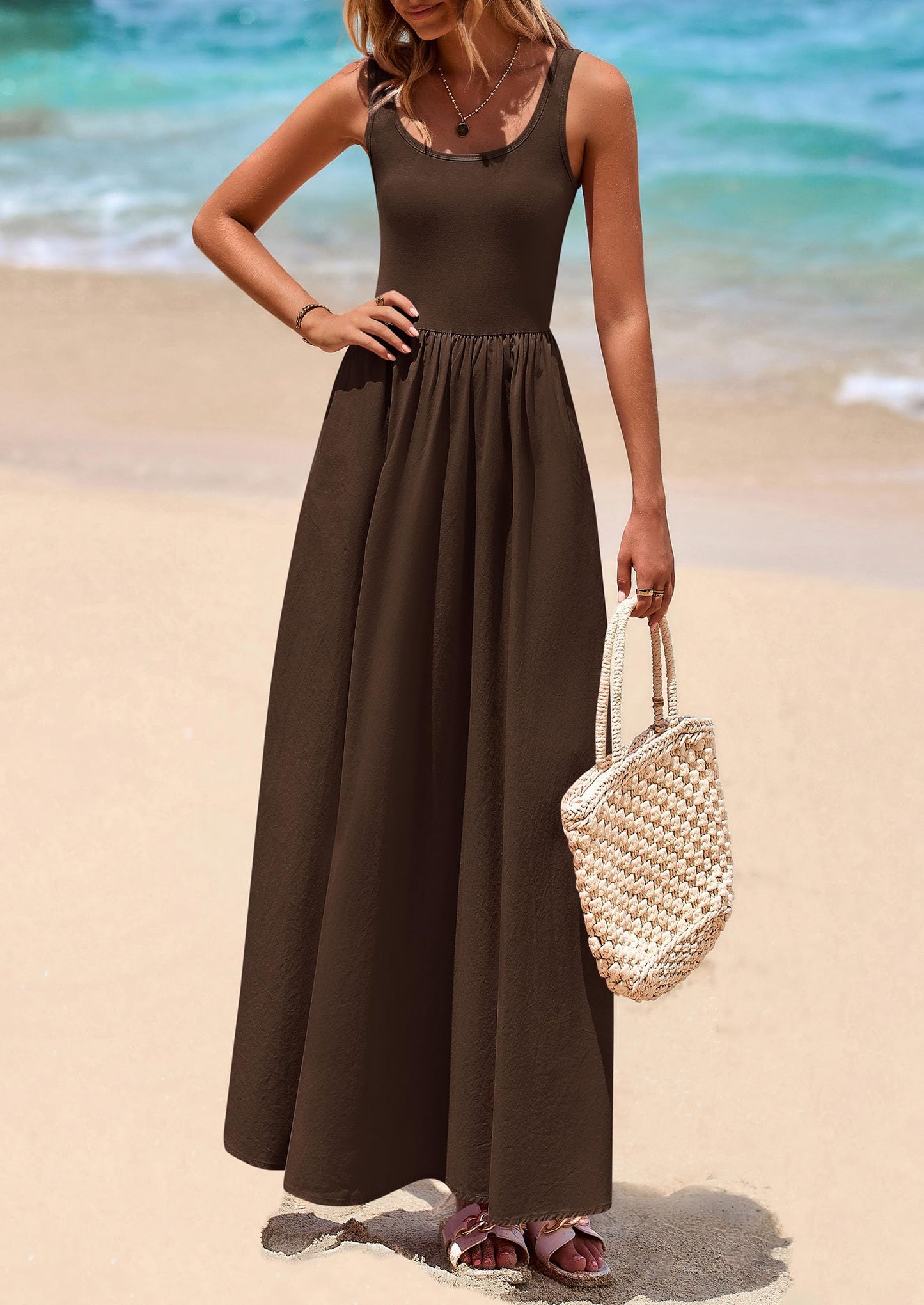 Womens Summer Casual Scoop Neck Sleeveless Long Dresses Tank Top Patchwork Aline Swing Maxi Dress with Pockets