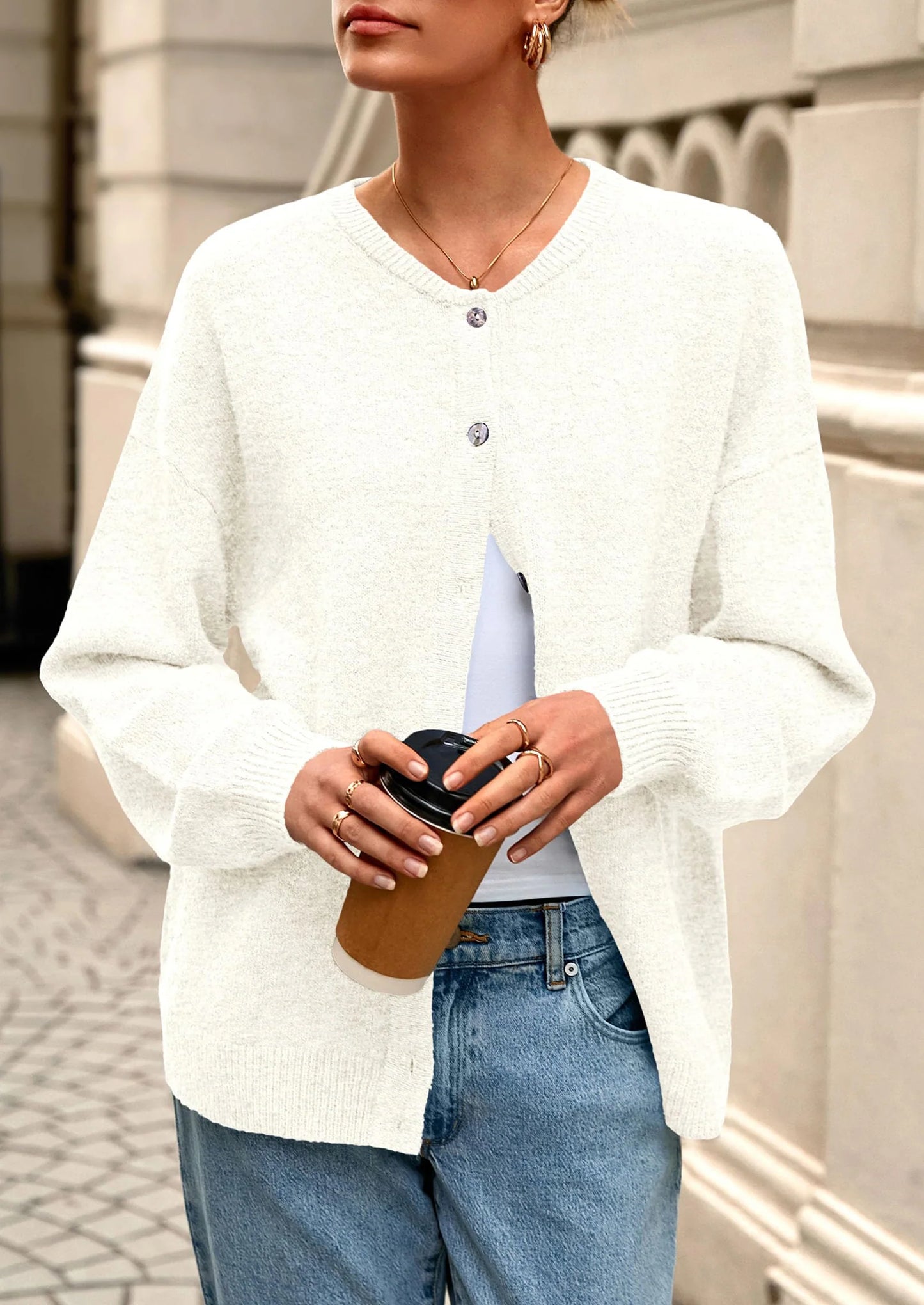 Fall Long Sleeve Cardigans for Women Trendy Open Front Winter Button Down Crewneck Soft Knit Sweater Jacket