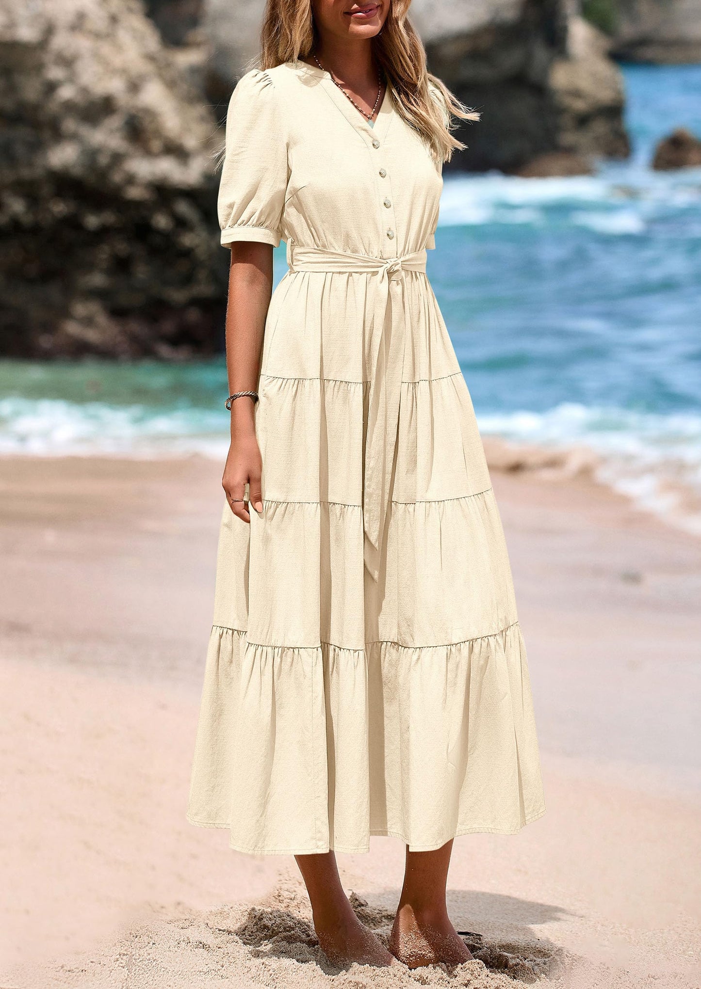 Women's Midi Dress Casual Short Sleeve V Neck Buttons Belted Ruffle A Line Flowy Dress with Pockets