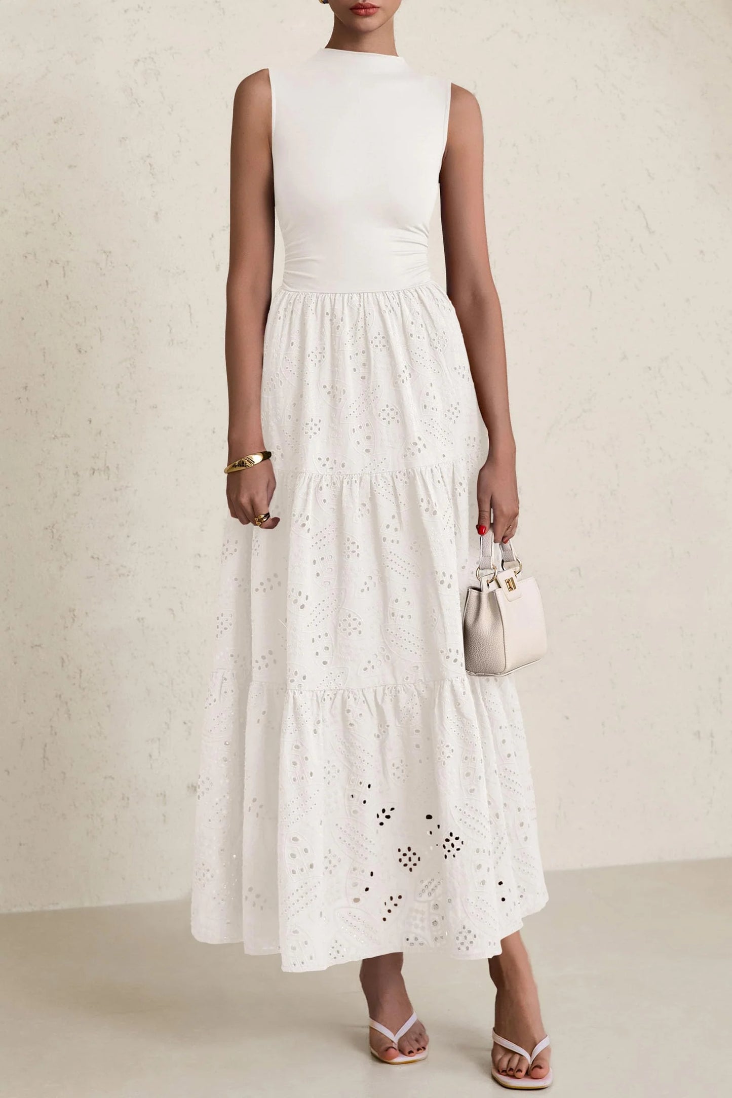 Dresses for Women Casual Eyelet Sleeveless Wedding Guest Maxi Dress Tank Top Sundress with Pockets