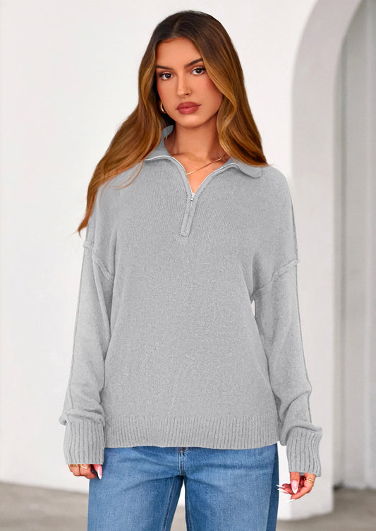 Womens Sweaters Quarter Zip Pullover Early Fall Fashion Long Sleeve V Neck Collared Knit Winter Jumper Tops