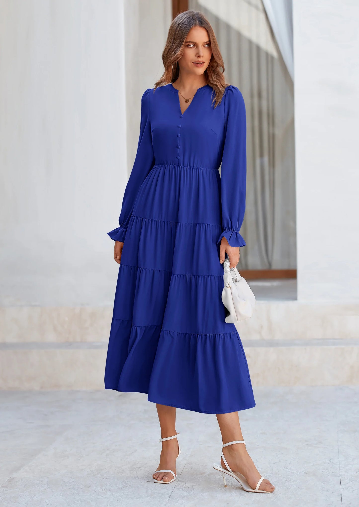 Women Fall Long Sleeve Smocked Maxi Dress Casual Square Neck Swiss Dot Tiered Ruffle Flowy Spring Pocket Dresses