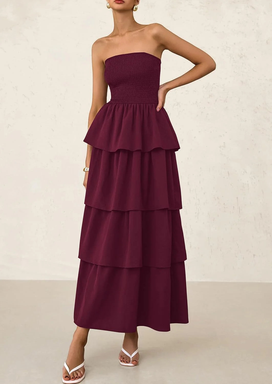Maxi Dresses for Women Off Shoulder Smocked Tiered Ruffle Long Flowy Wedding Guest Dress