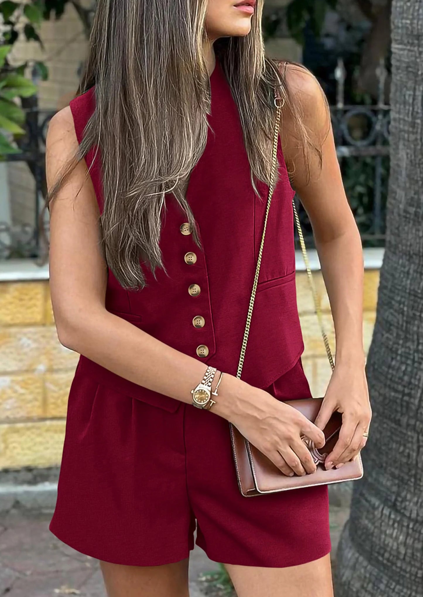 Women's Summer 2 Piece Outfits Sleeveless Matching Sets Button Down V Neck Vest Waistcoat and Pockets Shorts