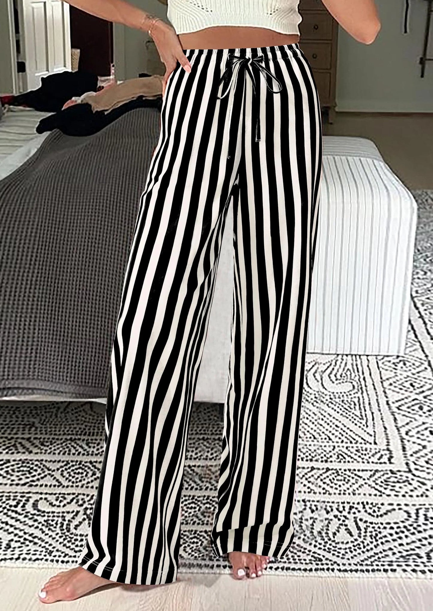 Women's Summer Striped Wide Leg Lounge Pants Trendy Clothes Drawstring Elastic Waist Comfy Pajama Bottoms