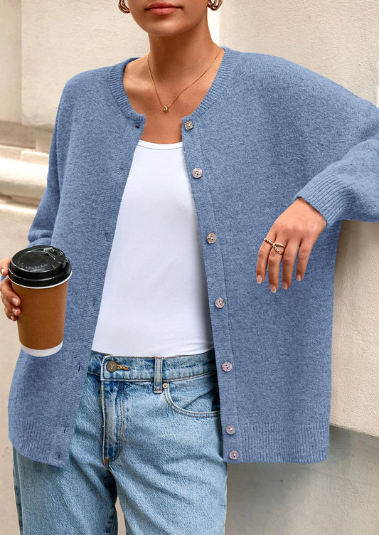 Fall Long Sleeve Cardigans for Women Trendy Open Front Winter Button Down Crewneck Soft Knit Sweater Jacket