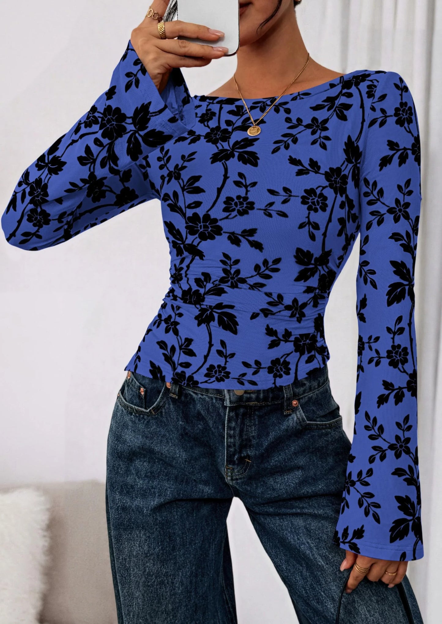 Women Long Sleeve Floral Mesh Tops Blouse Fall Trendy Boat Neck Ruched Fitted Shirt Going Out Date Outfits