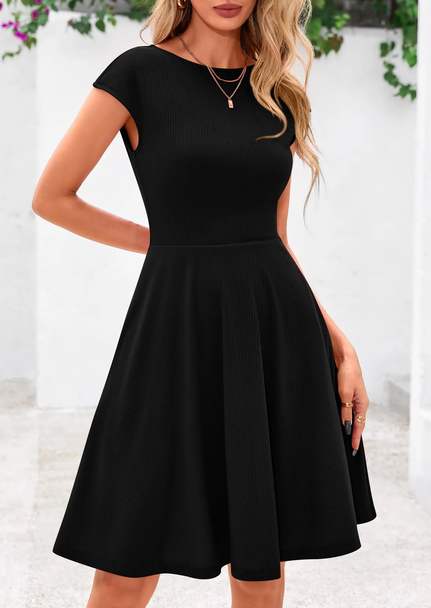 Womens Short Summer Dress Crewneck Cap Sleeve Ribbed Knit Casual Flowy A Line Mini Sundresses with Pockets