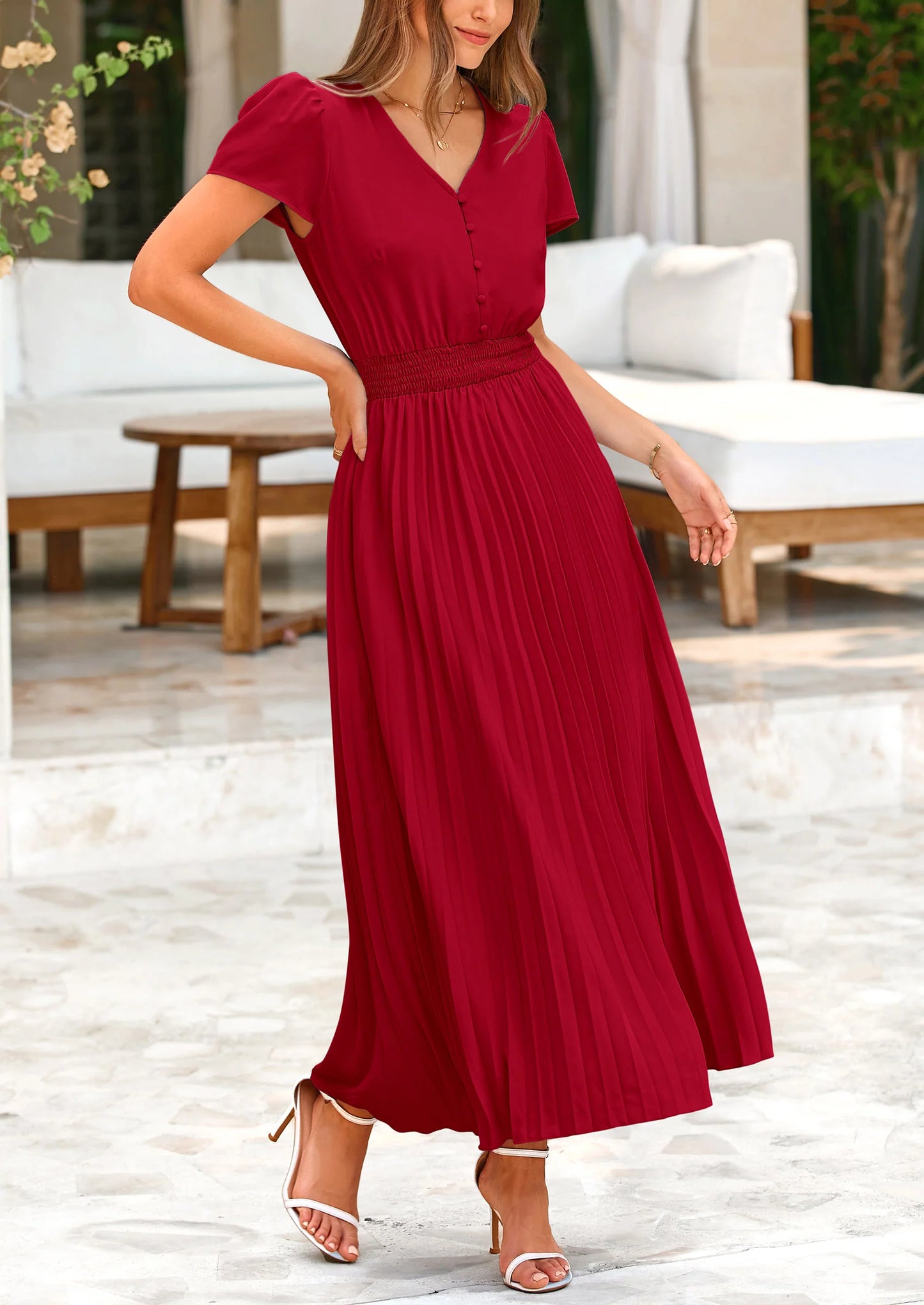 Women's Maxi Dresses Summer Trendy Cap Short Sleeve Button V Neck Casual Flowy Pleated Long Dress