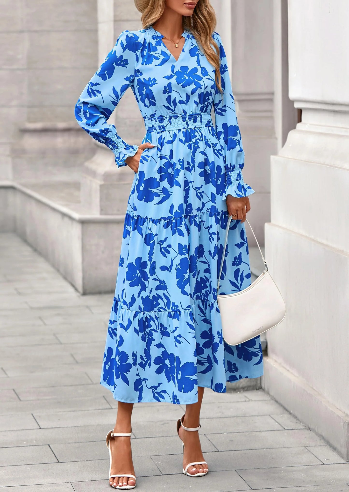 Women's Floral Maxi Dress Spring Long Sleeve V Neck Casual A Line Long Flowy Boho Party Dresses