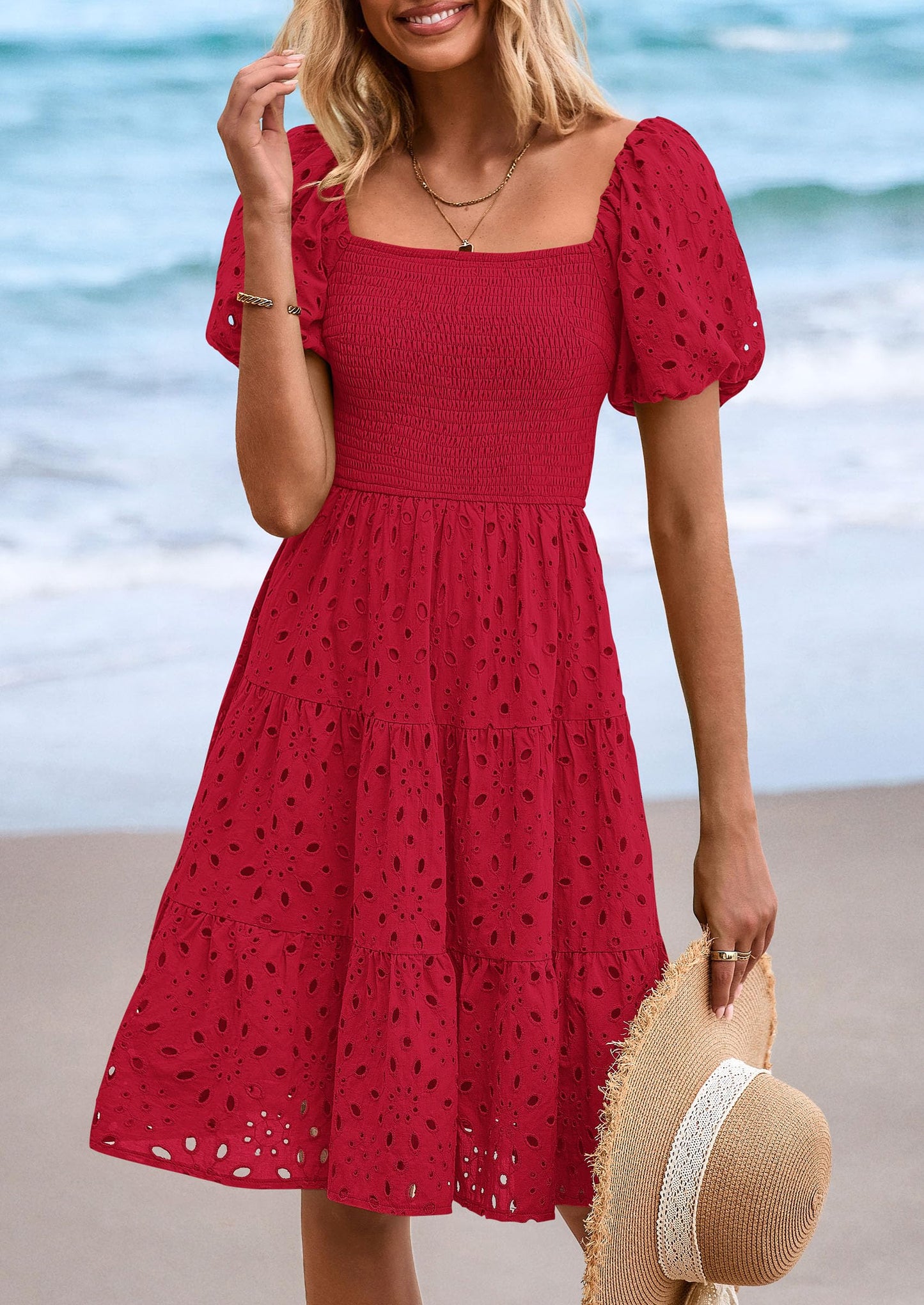 Womens Summer Puff Sleeve Mini Dress Off Shoulder Eyelet Smocked A Line Casual Babydoll Short Dresses