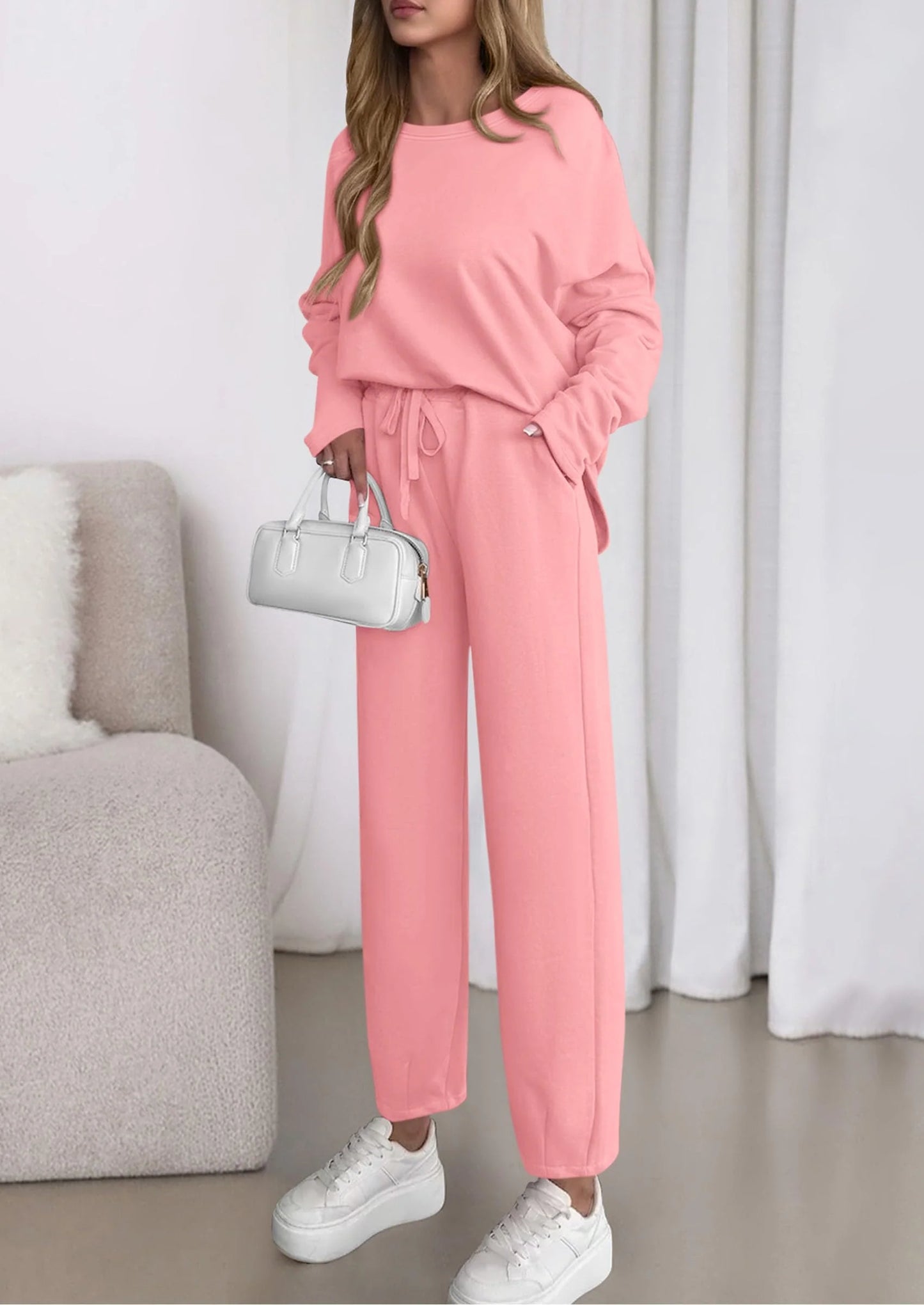 Womens 2 Piece Matching Lounge Sets Fall Long Sleeve Boatneck Sweatsuit Drawstring Sweatpants Pockets