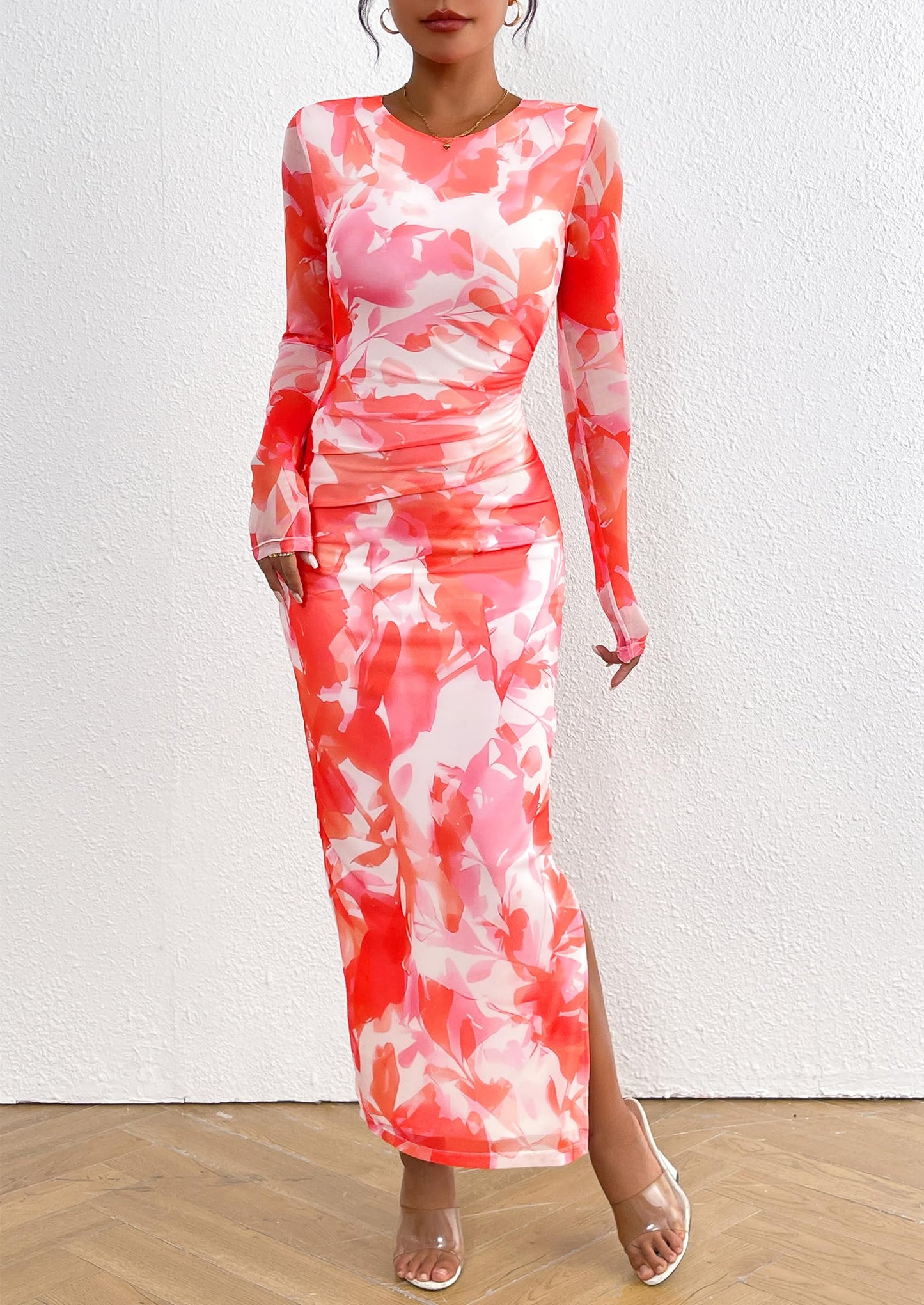 Women's Bodycon Maxi Dress Fall Spring Fashion Long Sleeve Floral Print Tight Fitted Party Club Ruched Dresses