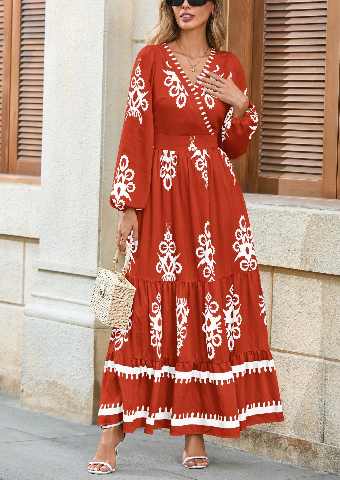 Women's Fall Wedding Guest Dresses Boho Floral Long Sleeve V Neck Flowy Elegant Maxi Dress Beach Clothes