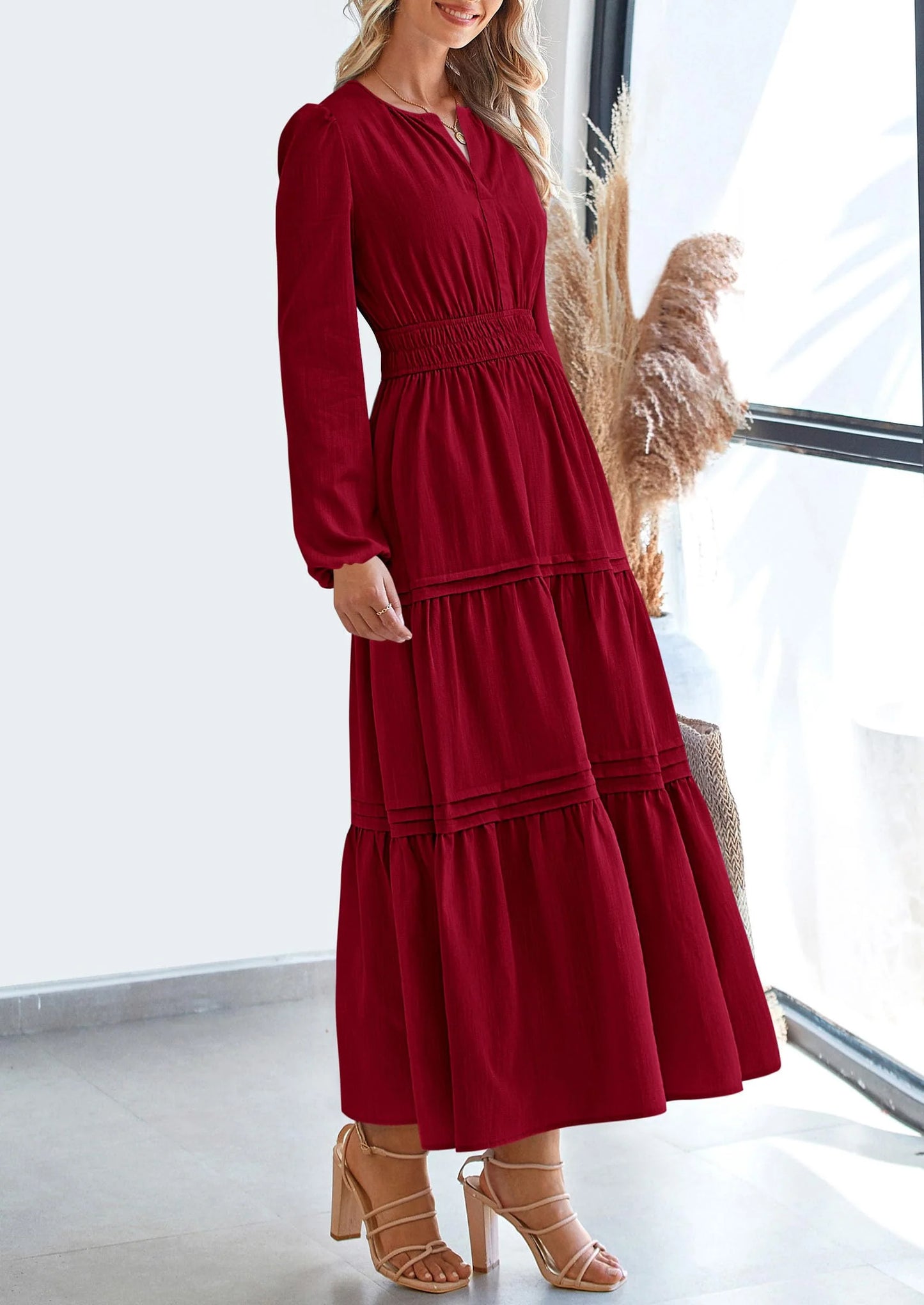 Women's Elegant Maxi Dresses Long Sleeve V Neck Flowy Pockets Casual Modest Dress Fall Fashion Clothes