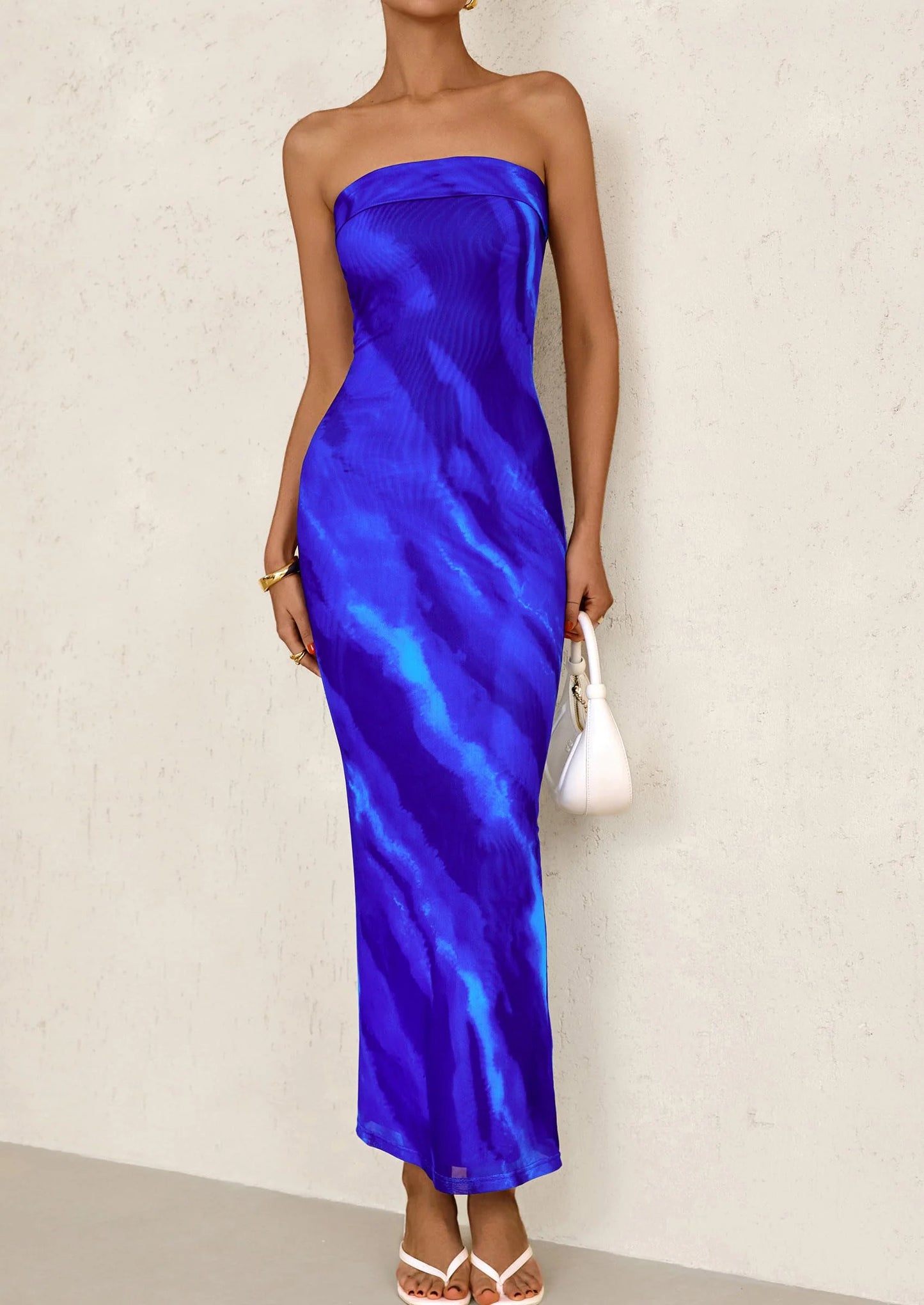 Womens Printed Tube Maxi Dress Strapless Bodycon Sleeveless Night Out Long Dresses