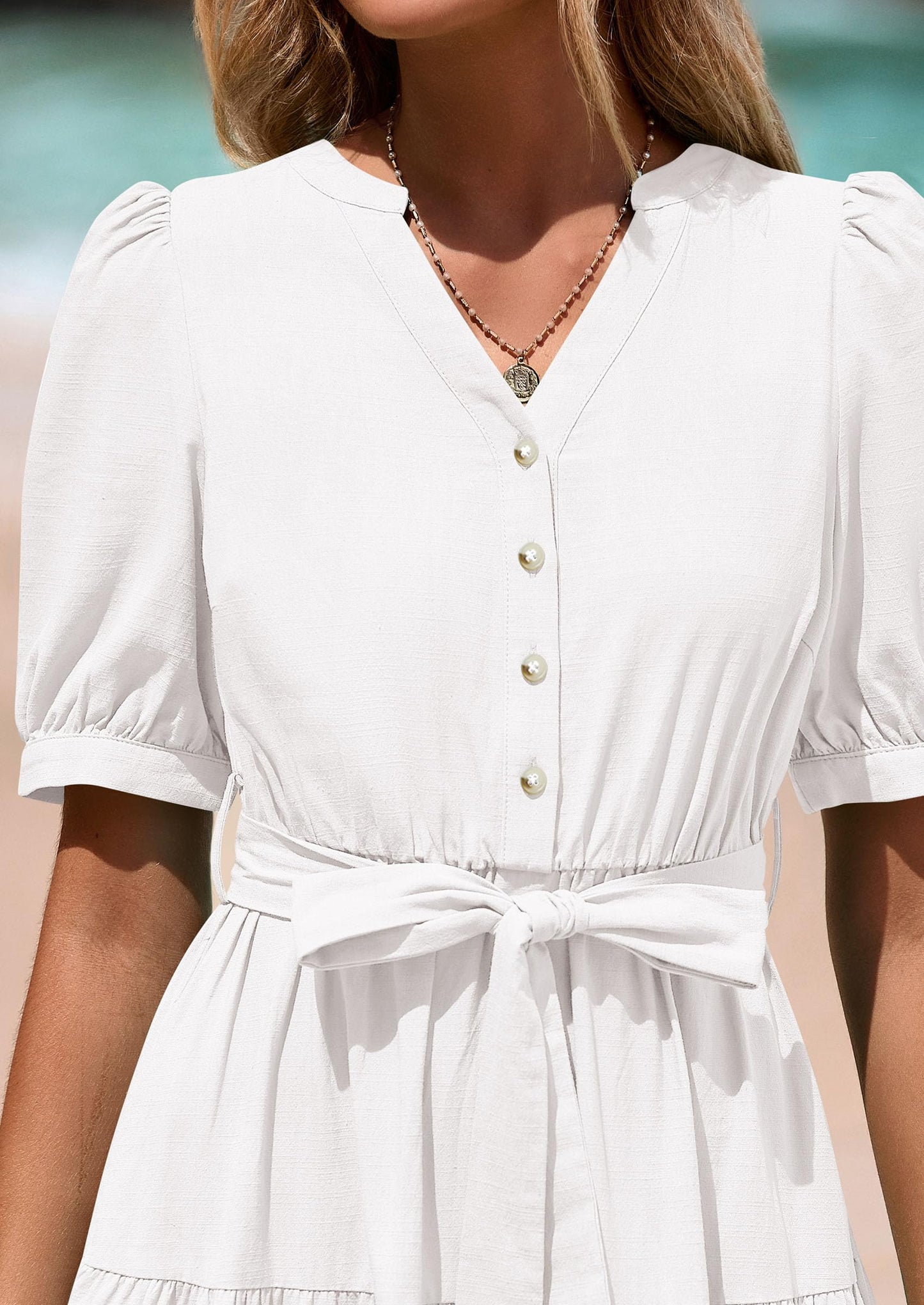 Women's Midi Dress Casual Short Sleeve V Neck Buttons Belted Ruffle A Line Flowy Dress with Pockets