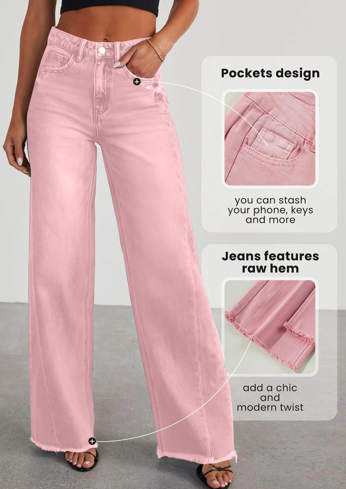 Wide Leg Jeans for Women Trendy High Waisted Stretchy Baggy Raw Hem Denim Palazzo Pants with Pockets