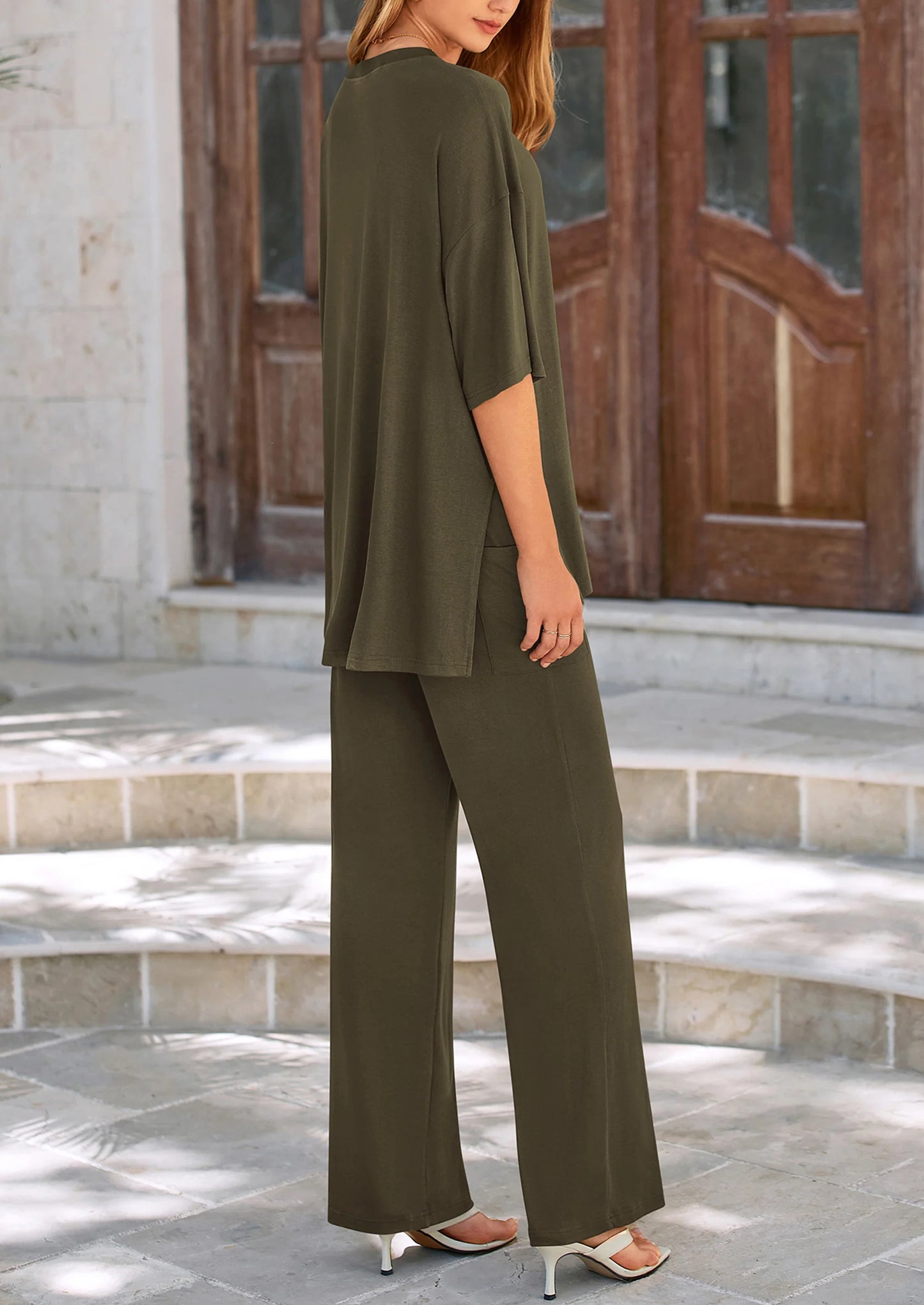 Women's 2 Piece Outfits Casual Short Sleeve Pullover Tops and Wide Leg Pants Lounge Sets Tracksuits