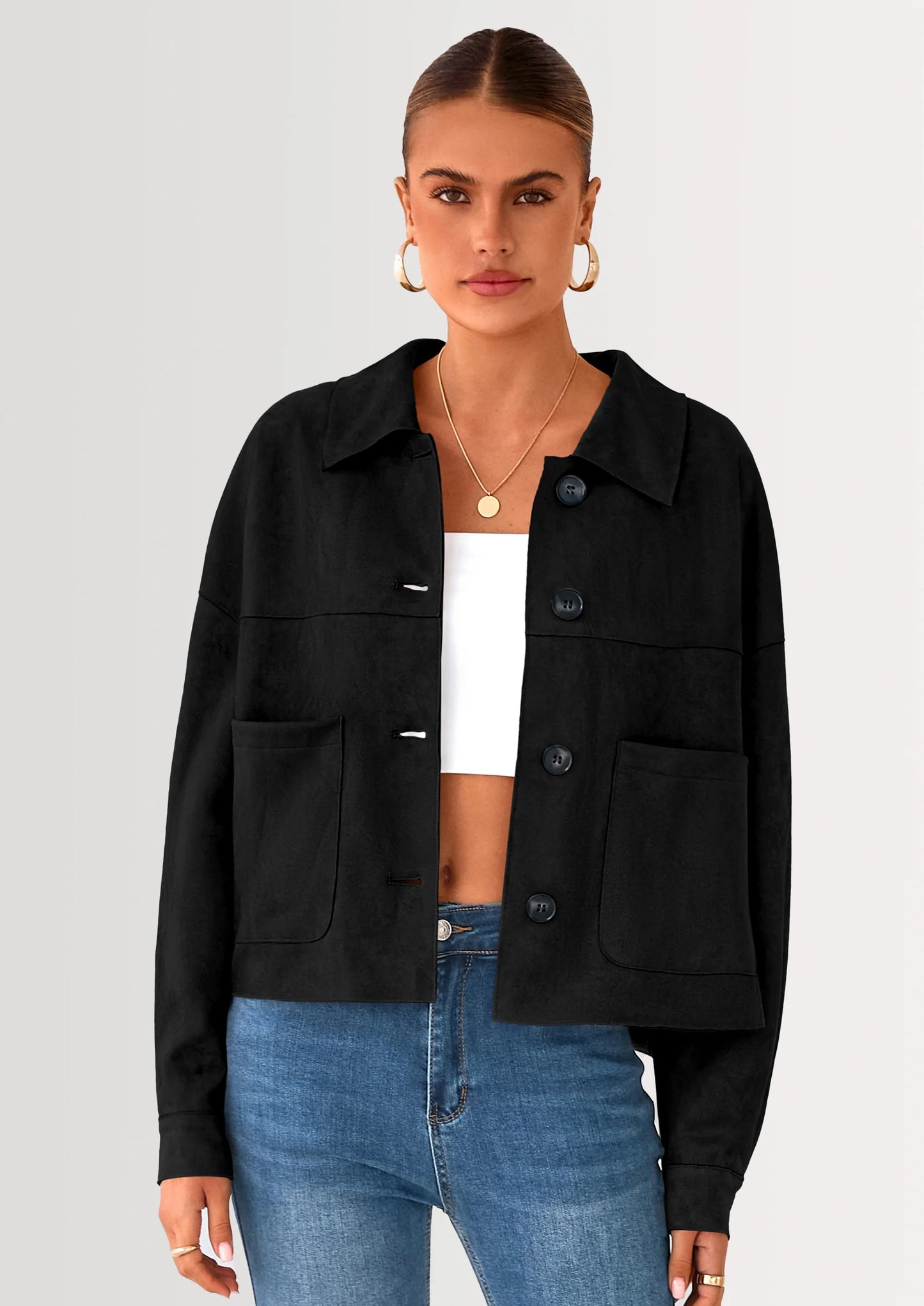 Women's Faux Suede Cropped Jacket Casual Lightweight Fall Fashion Winter Coats Outerwear Trendy Clothes