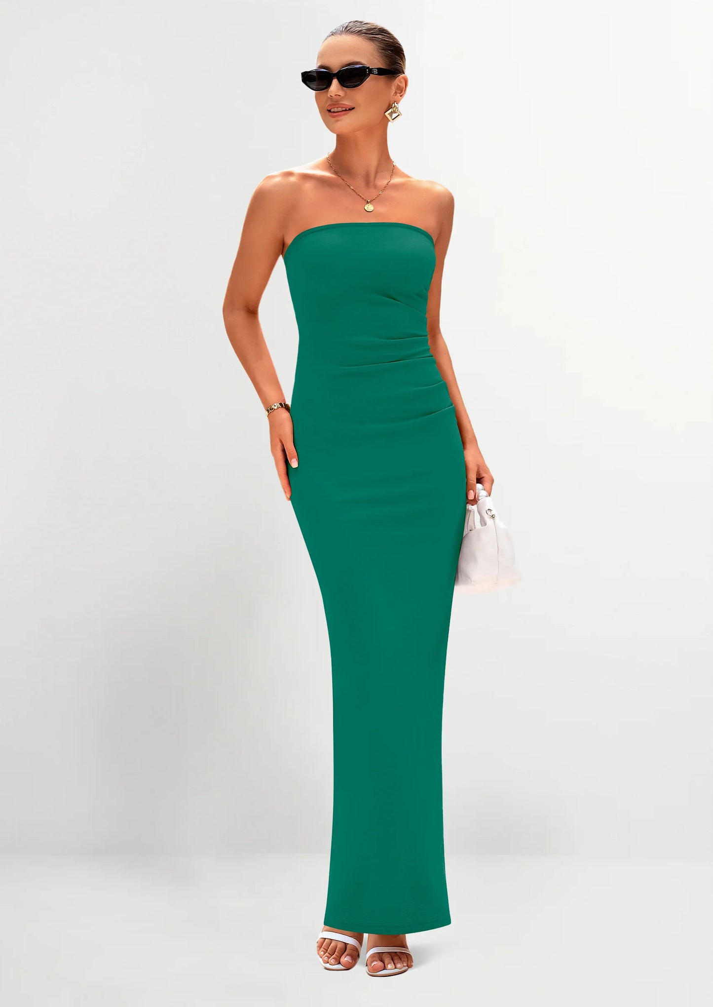 Women's Semi Formal Cocktail Dresses Strapless Tube Bodycon Ruched Evening Wedding Guest Maxi Dress