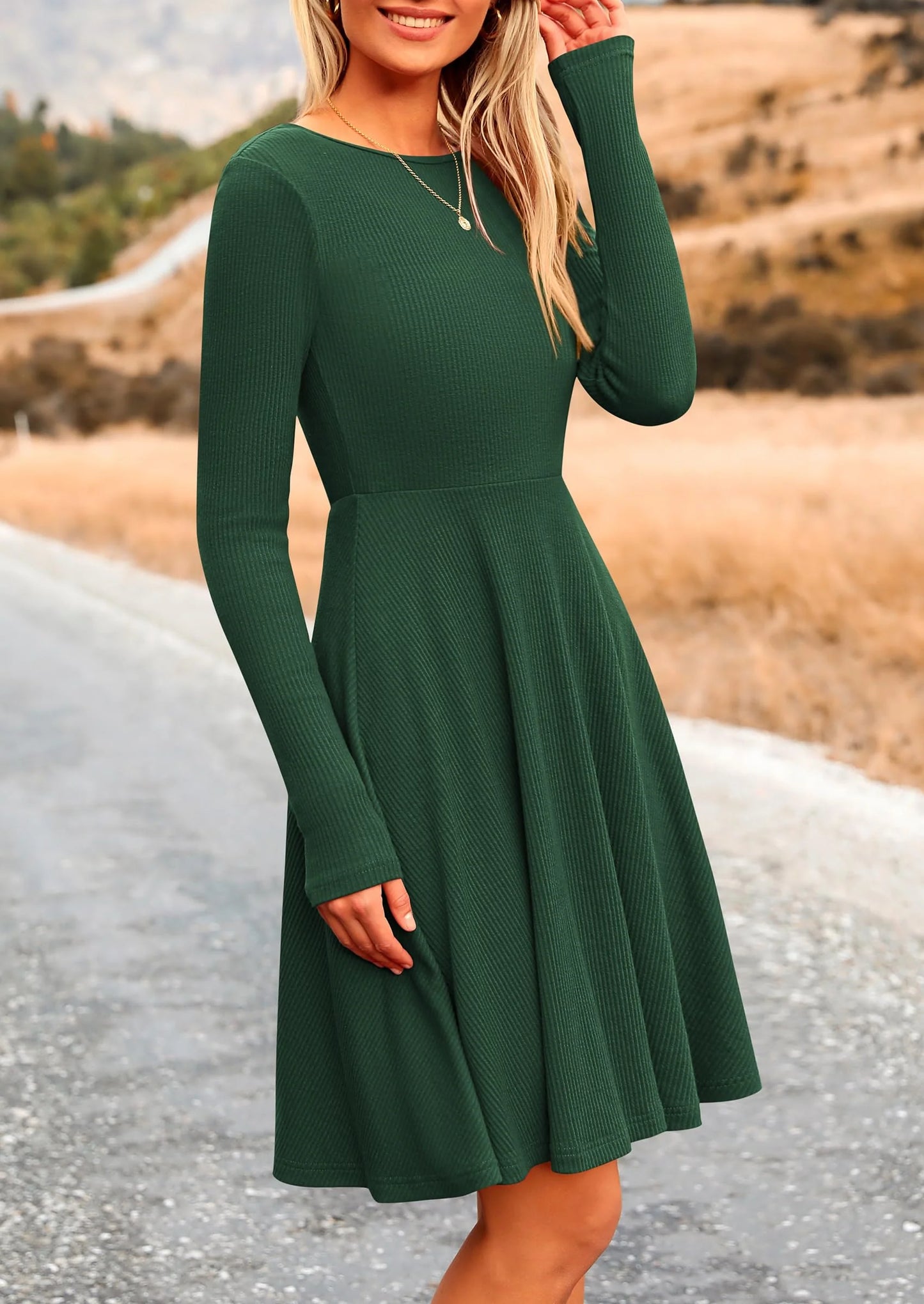 Women's Spring Fall Short Dress Ribbed Knit Crewneck Long Sleeve A Line Flowy Casual Elegant Going Out Dresses