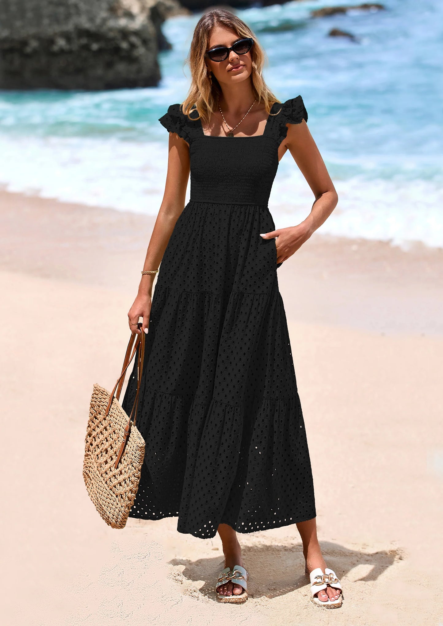 Womens Square Neck Maxi Dresses Cap Sleeve Eyelet Smocked Tiered A Line Flowy Long Dress with Pockets