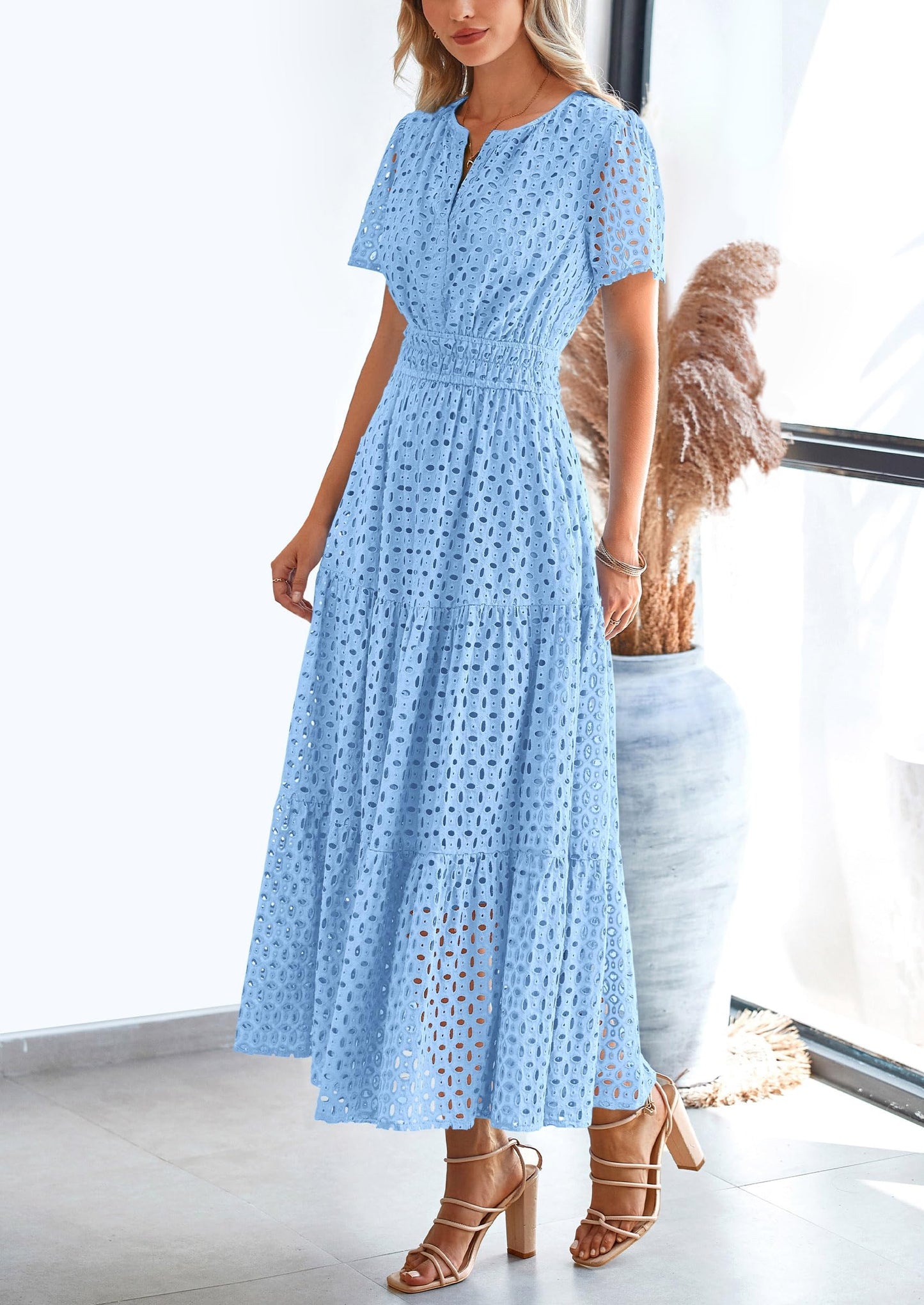 Womens Maxi Dress Short Sleeve V Neck Hollow Out Eyelet A Line Long Flowy Beach Vacation Dresses