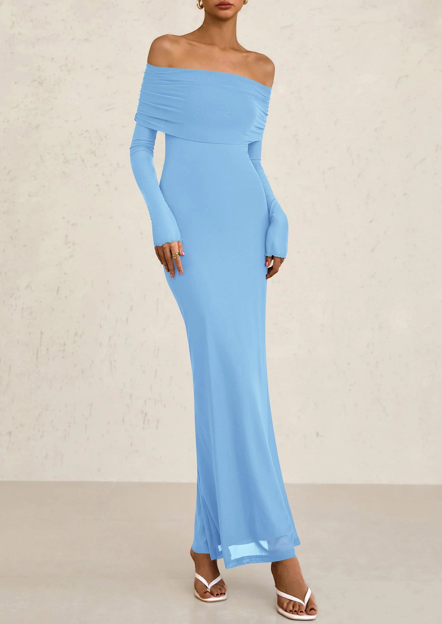 Off The Shoulder Dresses for Women Mesh Long Sleeve Baby Shower Formal Wedding Guest Dress