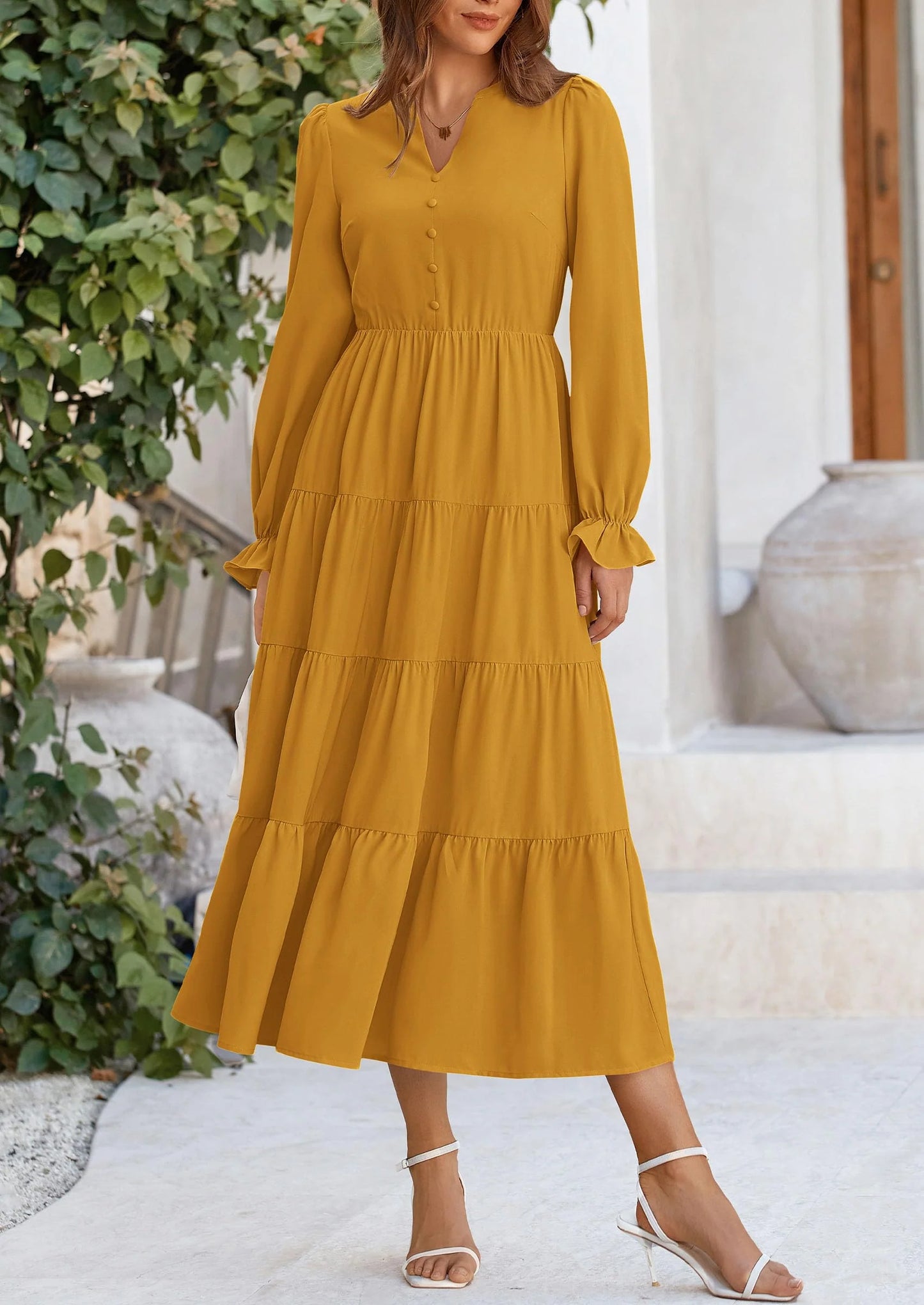 Women Fall Long Sleeve Smocked Maxi Dress Casual Square Neck Swiss Dot Tiered Ruffle Flowy Spring Pocket Dresses