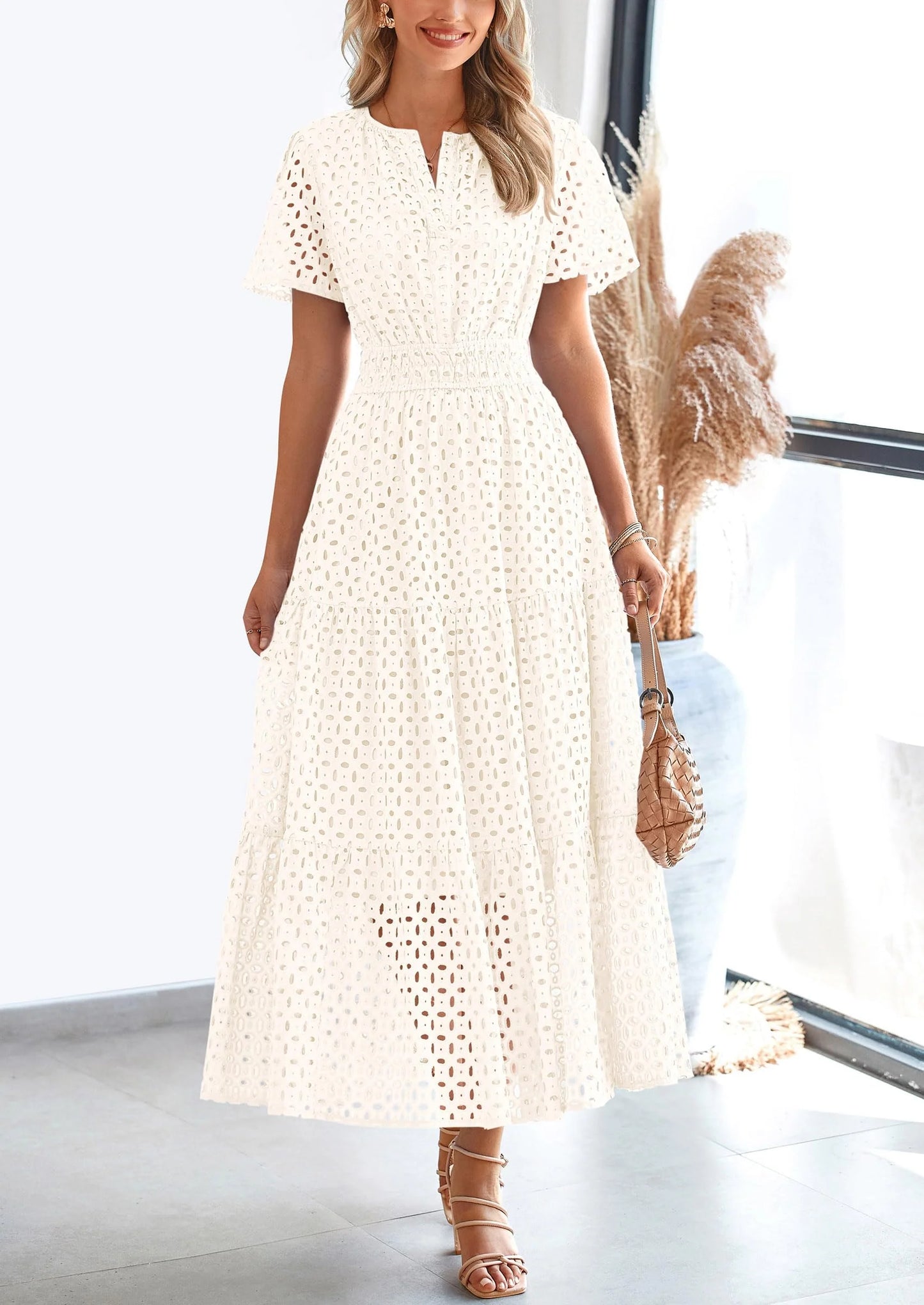 Womens Maxi Dress Short Sleeve V Neck Hollow Out Eyelet A Line Long Flowy Beach Vacation Dresses