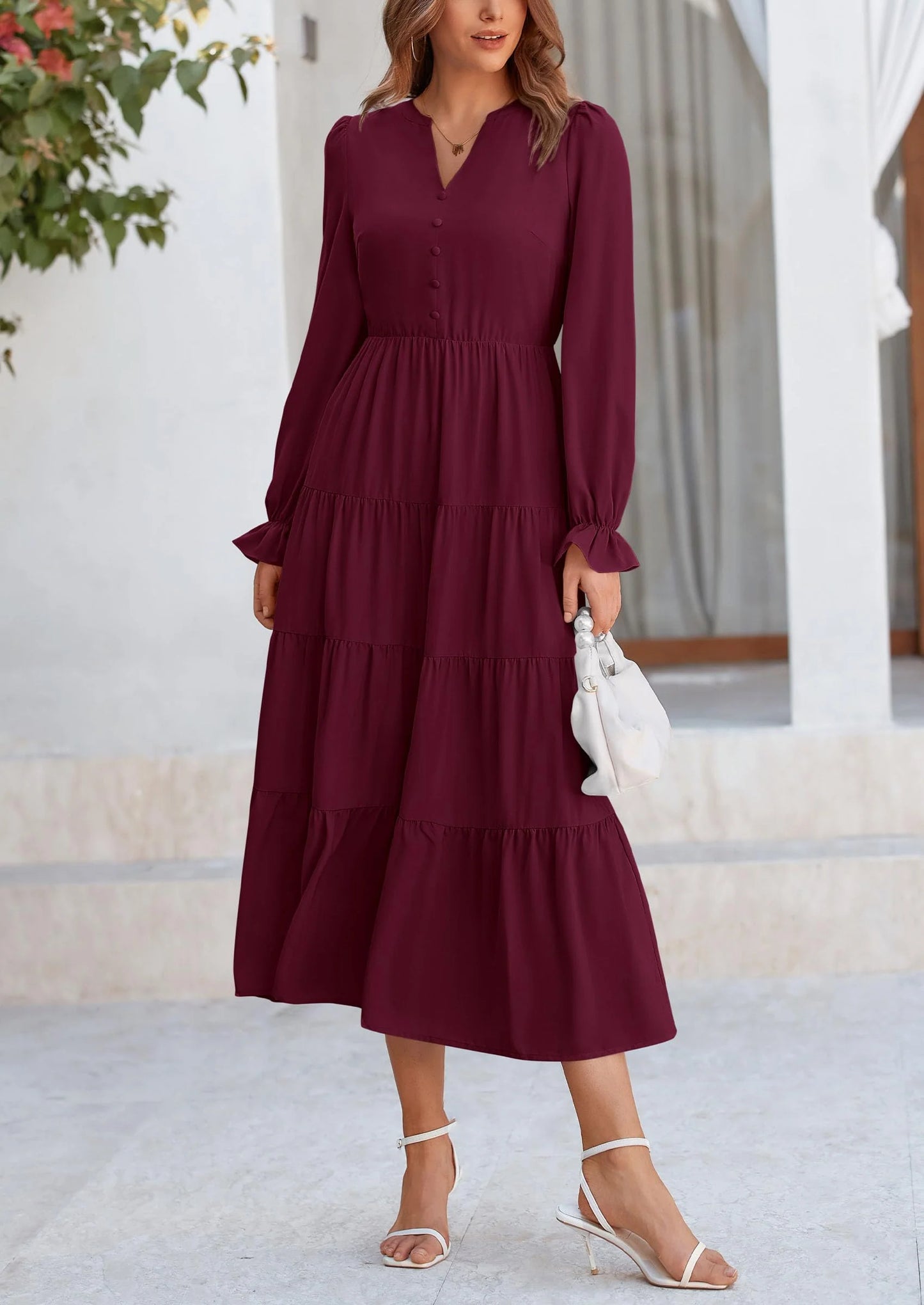 Women Fall Long Sleeve Smocked Maxi Dress Casual Square Neck Swiss Dot Tiered Ruffle Flowy Spring Pocket Dresses