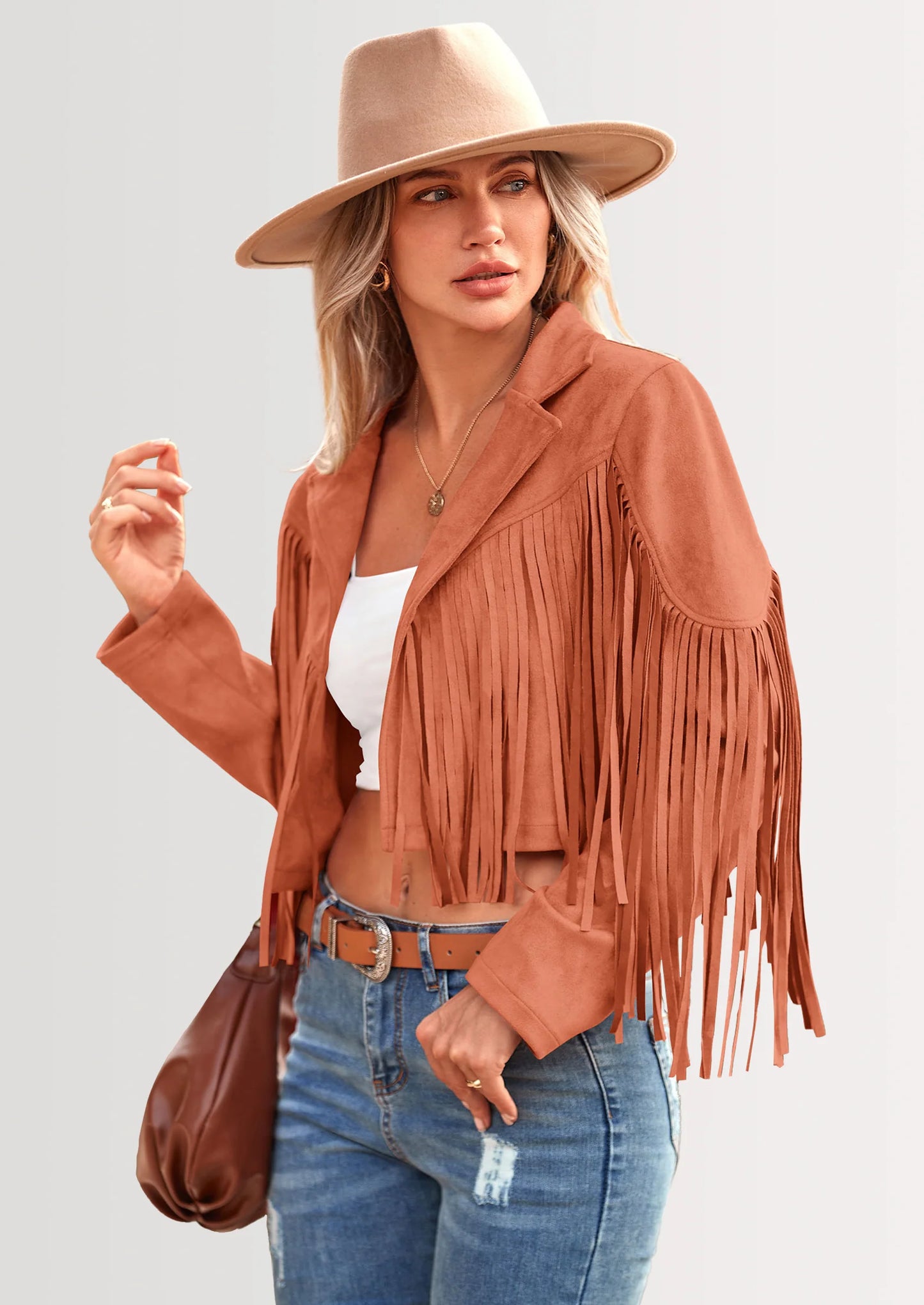 Women's Fringe Faux Suede Leather Jackets Fashion Tassel Motorcycle Cropped Coats