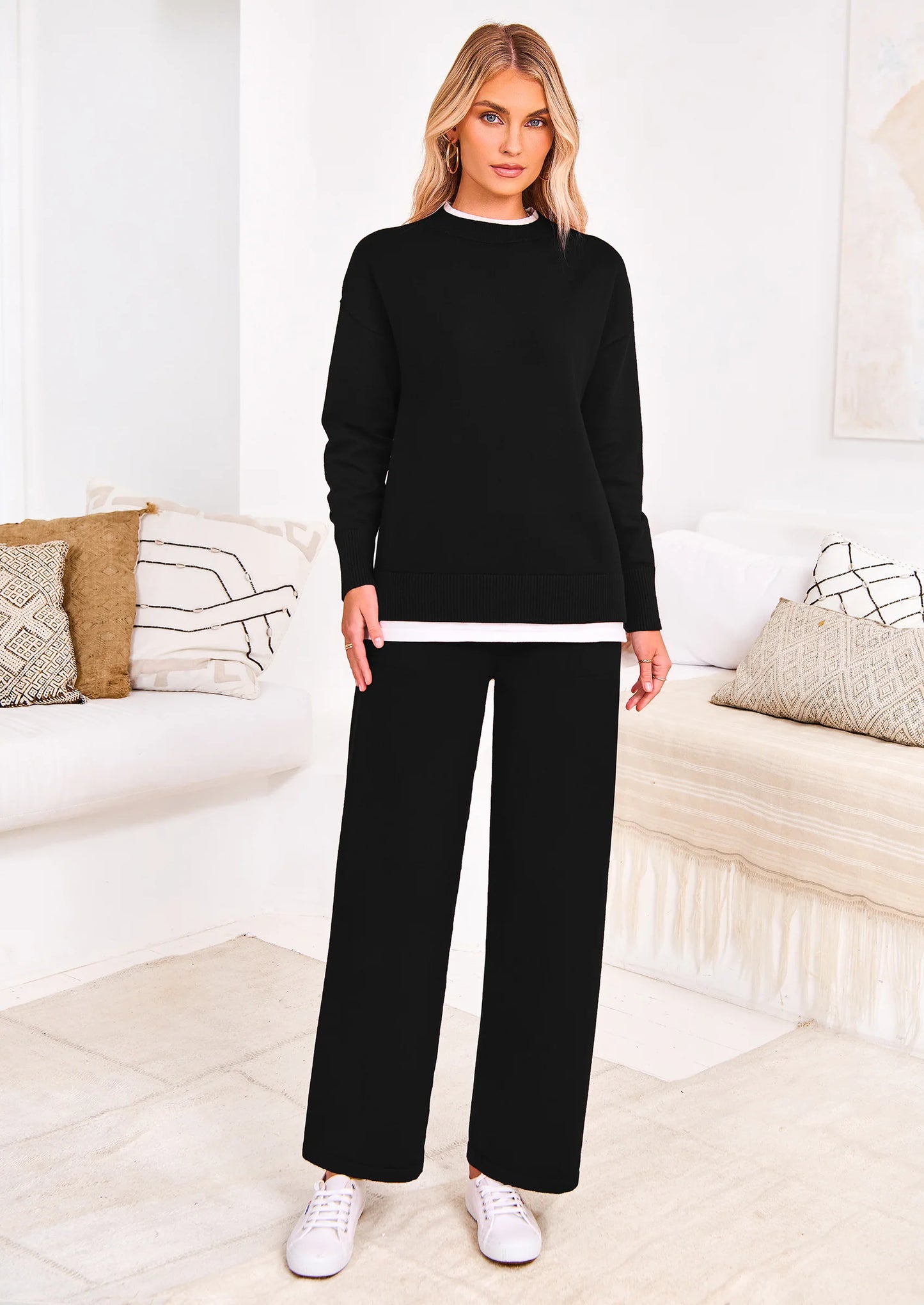 Two Piece Matching Sweater Lounge Sets Knit Long Sleeve Pullover Tops Wide Leg Pants