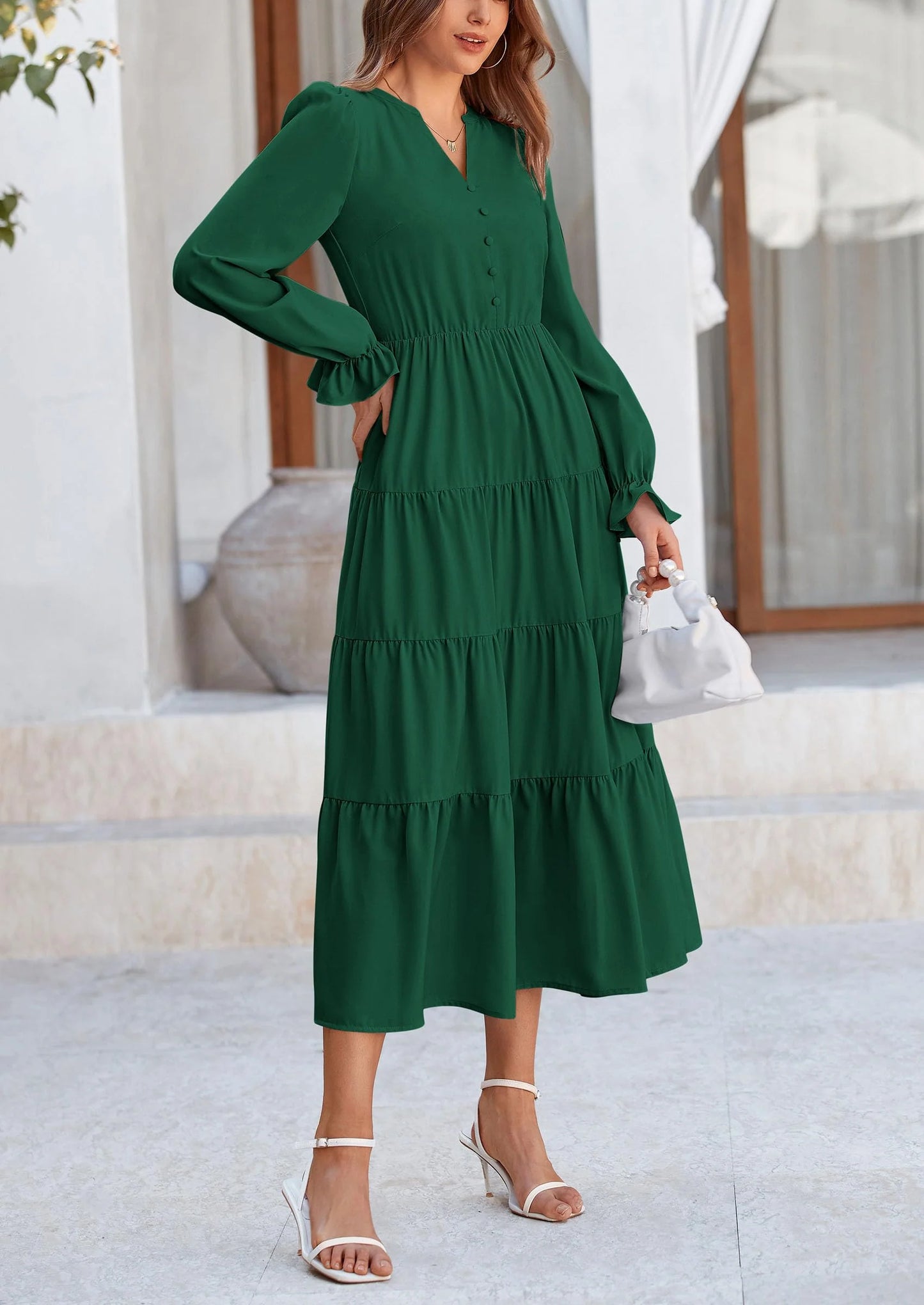 Women Fall Long Sleeve Smocked Maxi Dress Casual Square Neck Swiss Dot Tiered Ruffle Flowy Spring Pocket Dresses
