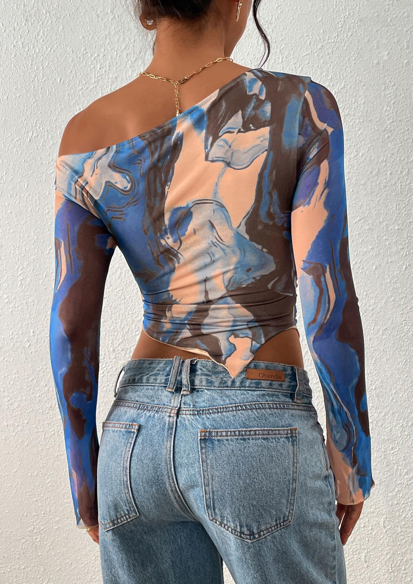 Womens Fall Trendy Off Shoulder Tops Tie Dye Mesh Long Sleeve Shirts Asymmetrical Ruched Floral Blouse