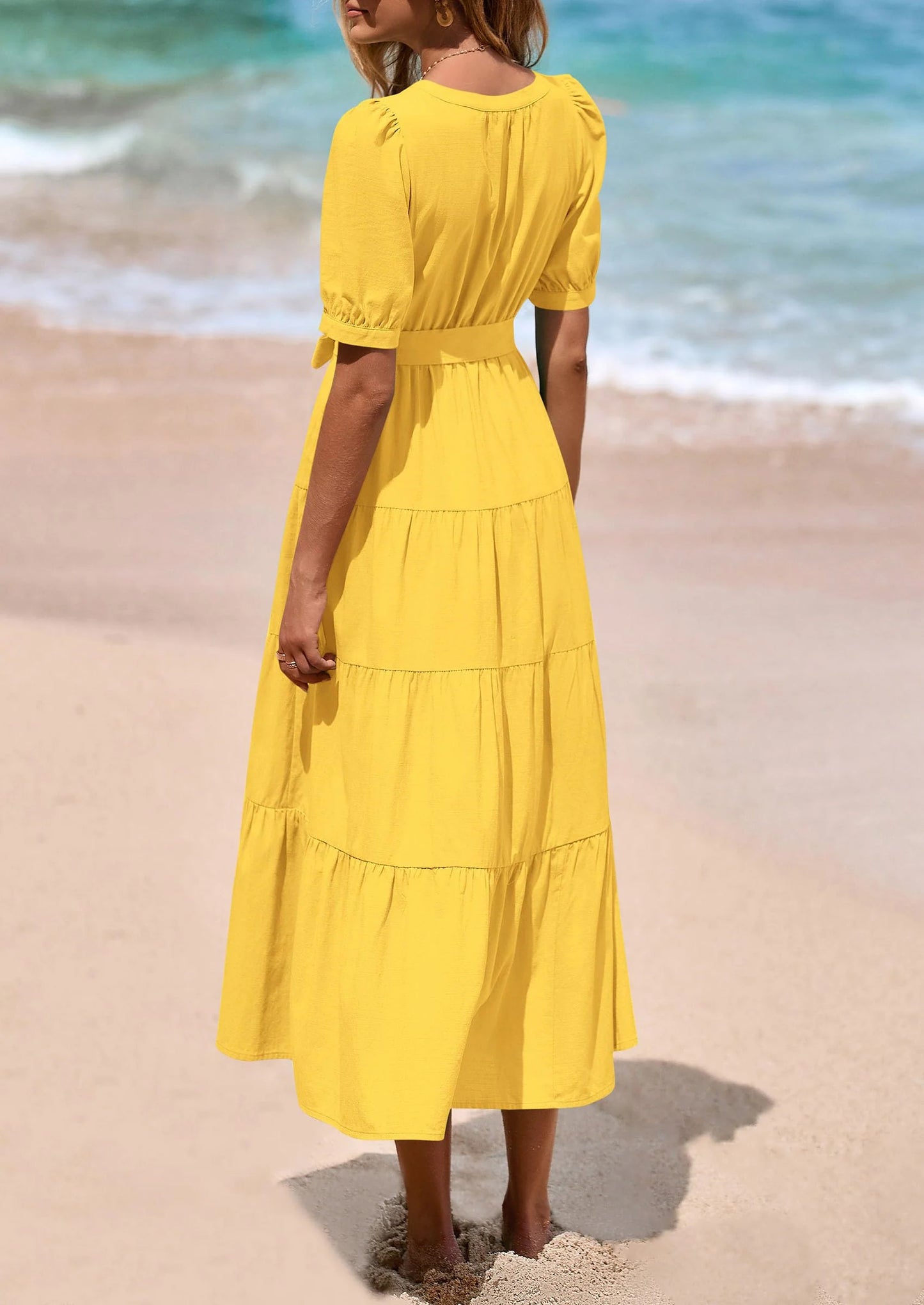 Women's Midi Dress Casual Short Sleeve V Neck Buttons Belted Ruffle A Line Flowy Dress with Pockets