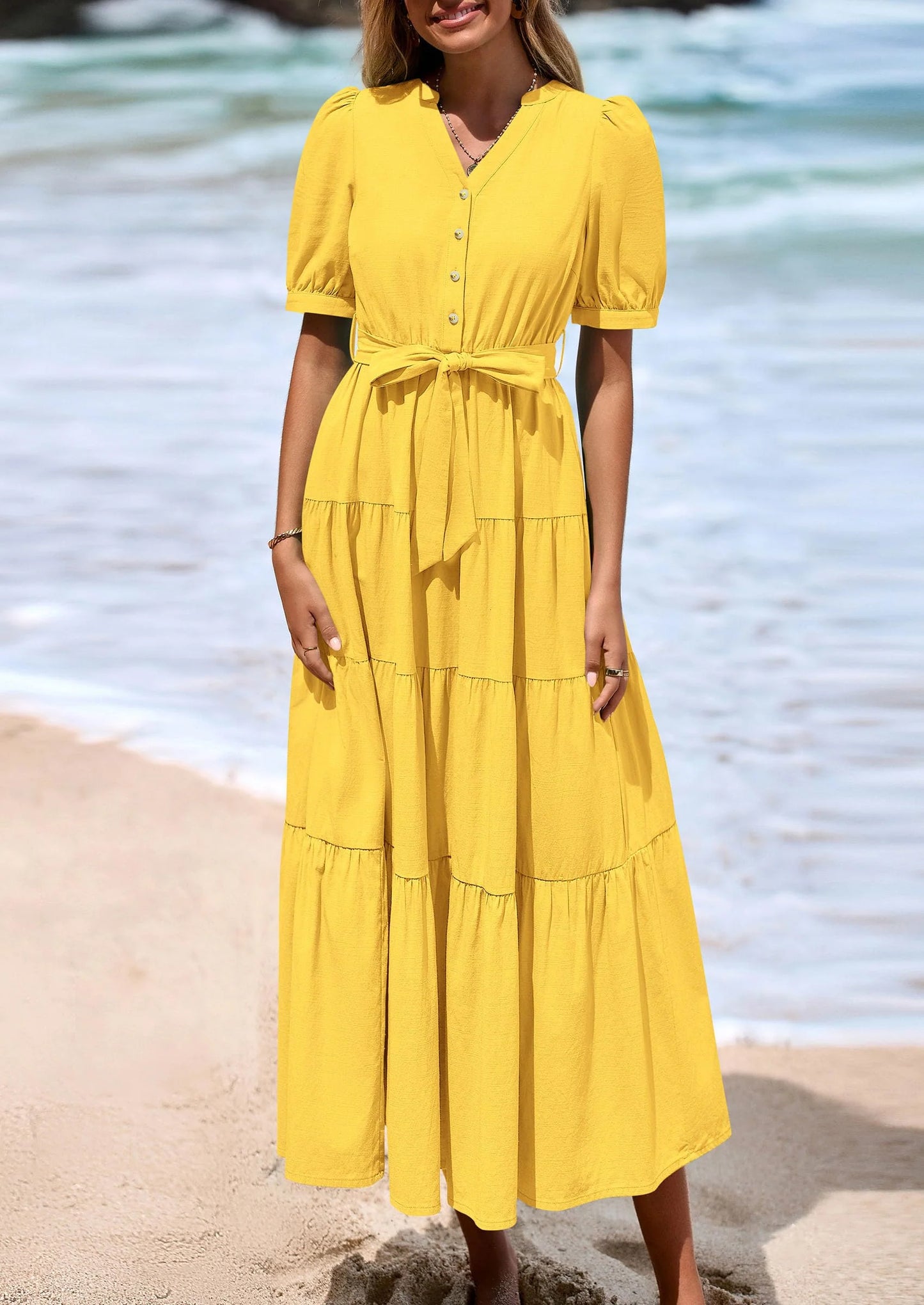 Women's Midi Dress Casual Short Sleeve V Neck Buttons Belted Ruffle A Line Flowy Dress with Pockets