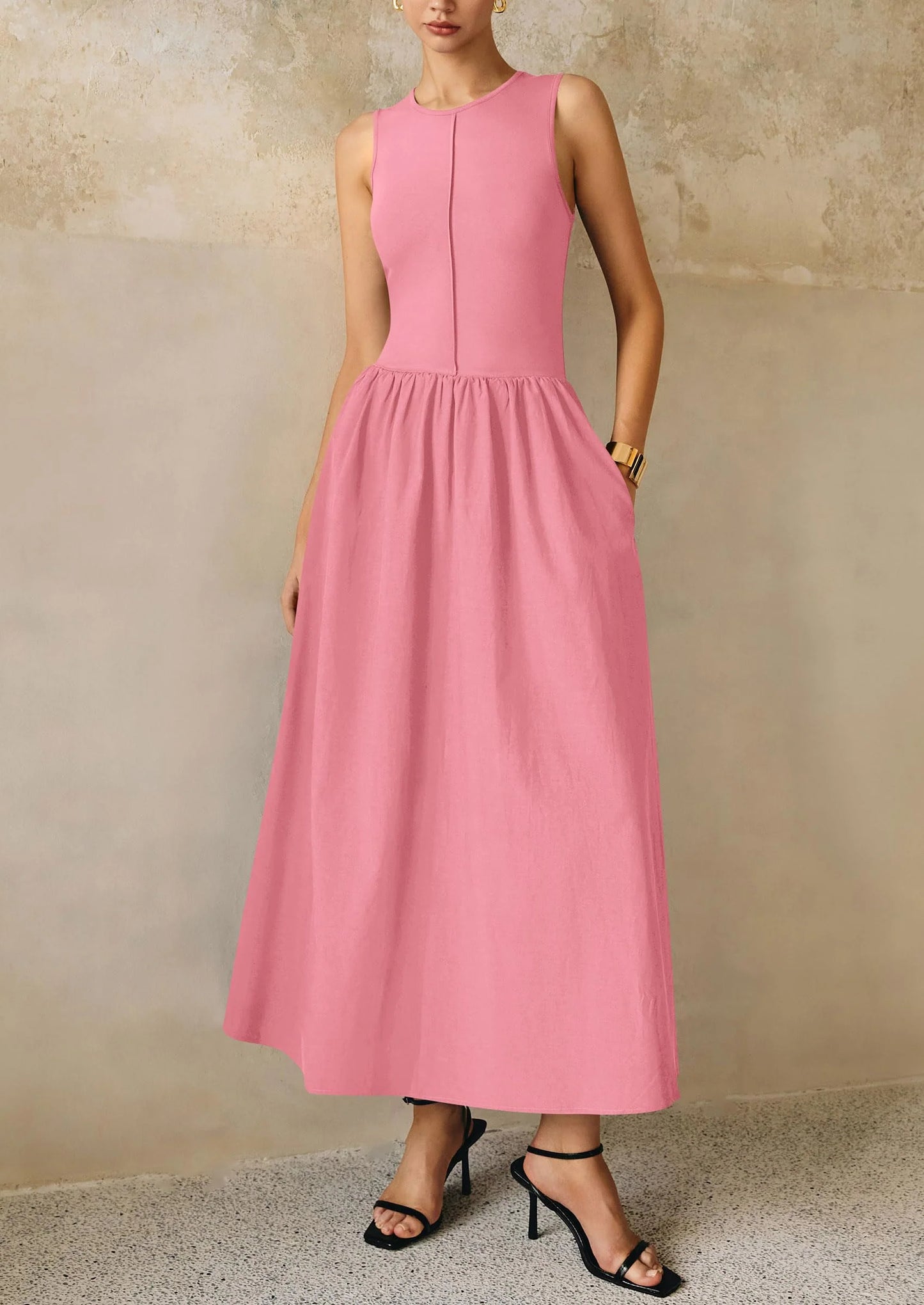 Women Maxi Dresses Casual Sleeveless Patchwork Knit Tank Dress Flowy Beach Sundress Long Dress