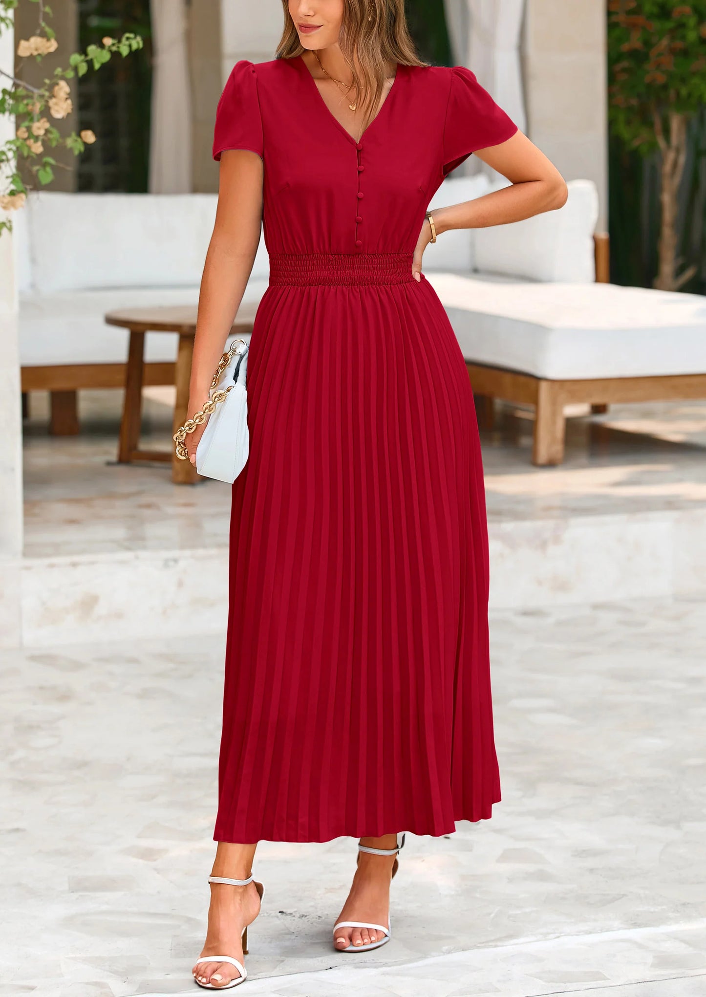 Women's Maxi Dresses Summer Trendy Cap Short Sleeve Button V Neck Casual Flowy Pleated Long Dress
