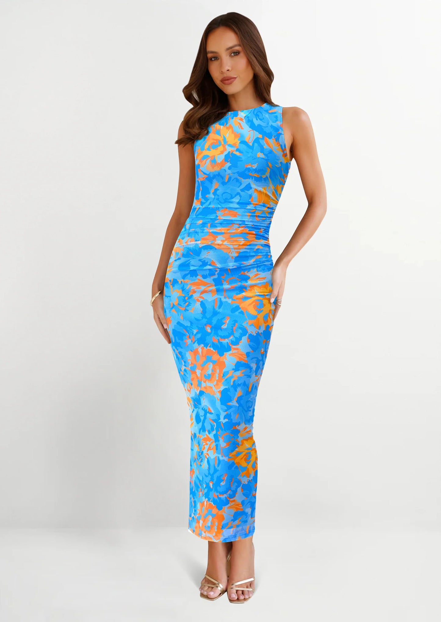Wedding Guest Dresses for Women Spring Floral Bodycon Sleeveless Mesh Maxi Long Dress