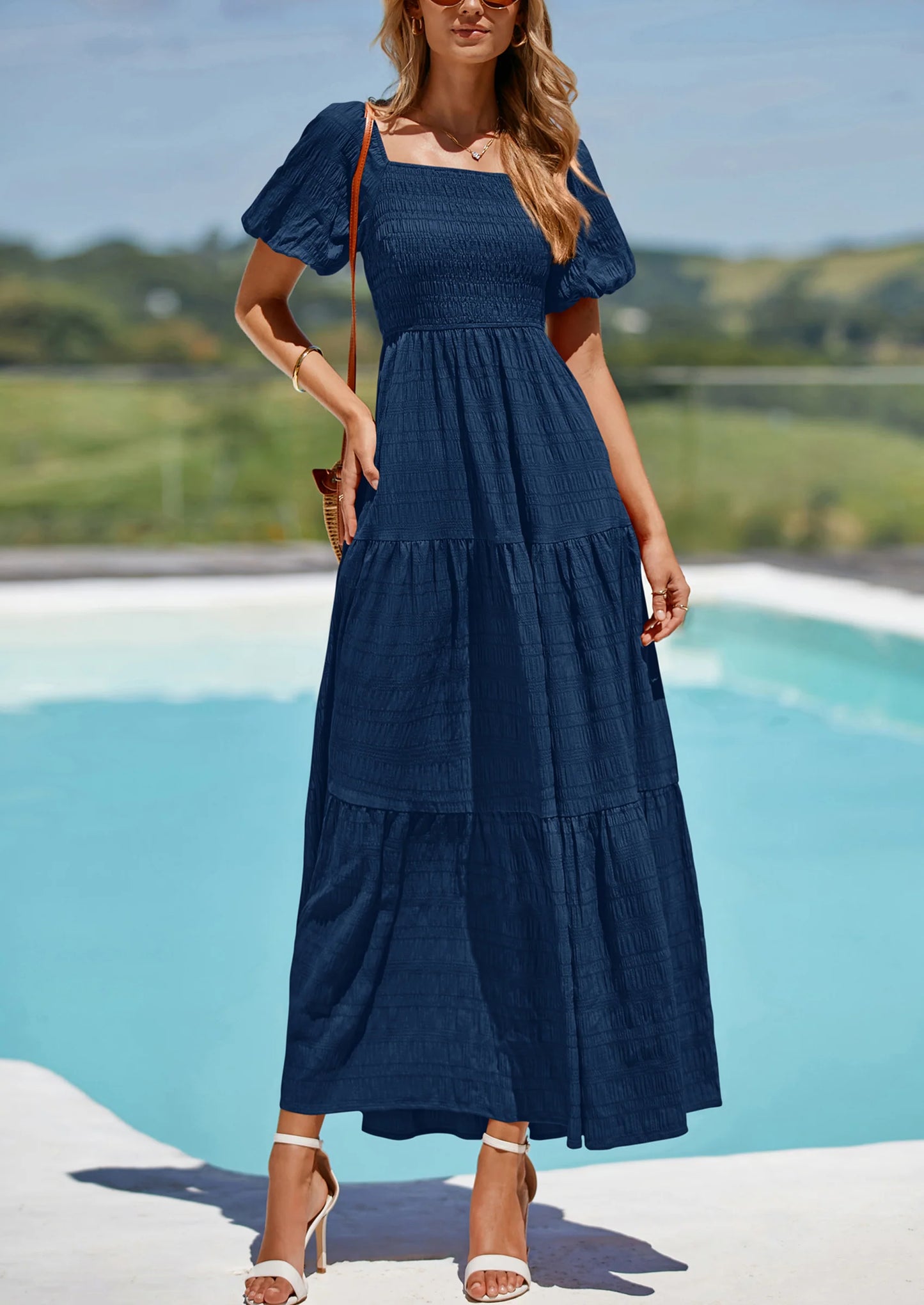 Womens Summer Puff Short Sleeve Maxi Dress Square Neck Smocked Tiered Ruffle A Line Long Flowy Beach Dresses