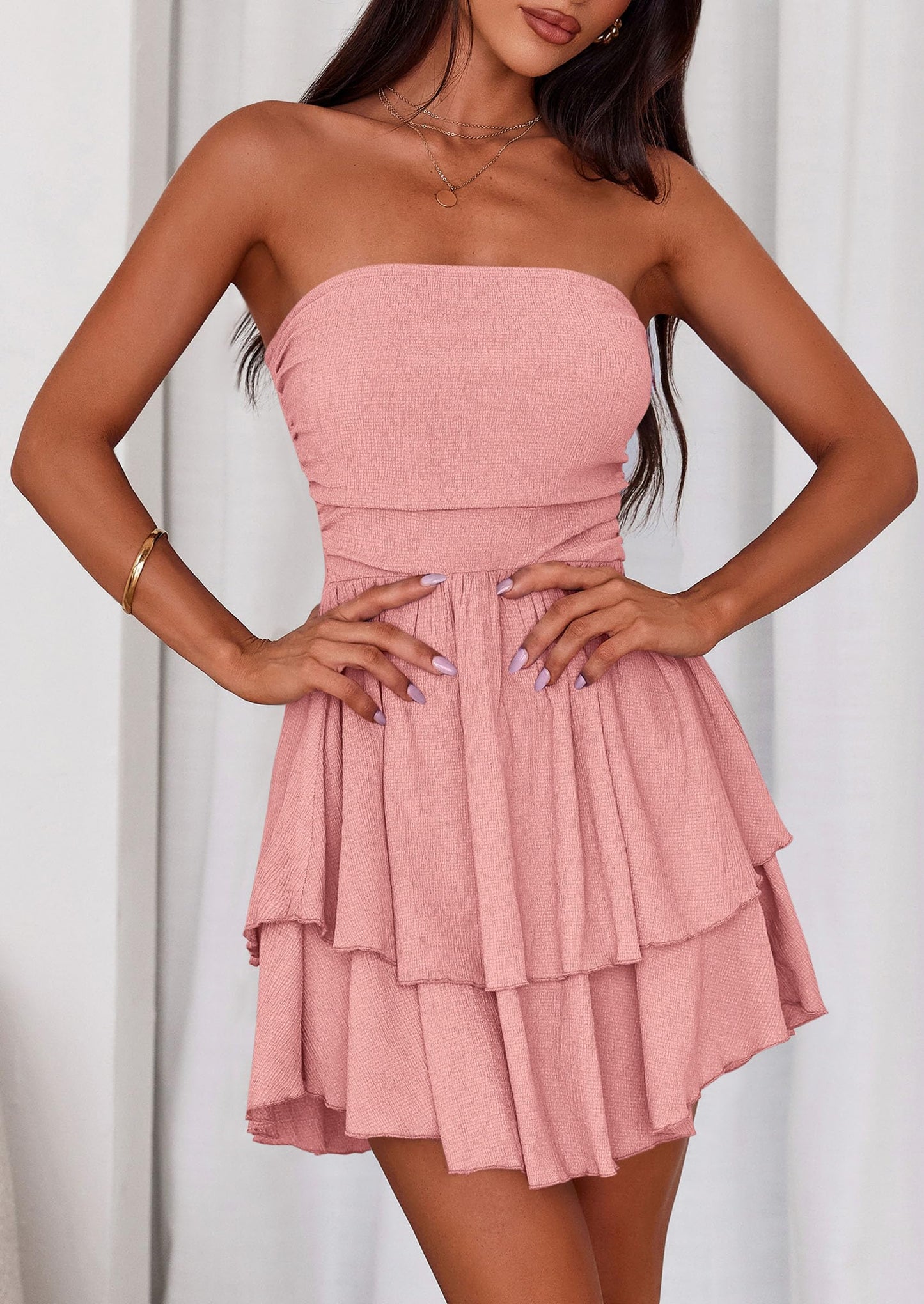 Women's Summer Strapless Tube Mini Dress Off Shoulder Smocked Ruffle A Line Flowy Short Party Club Dresses