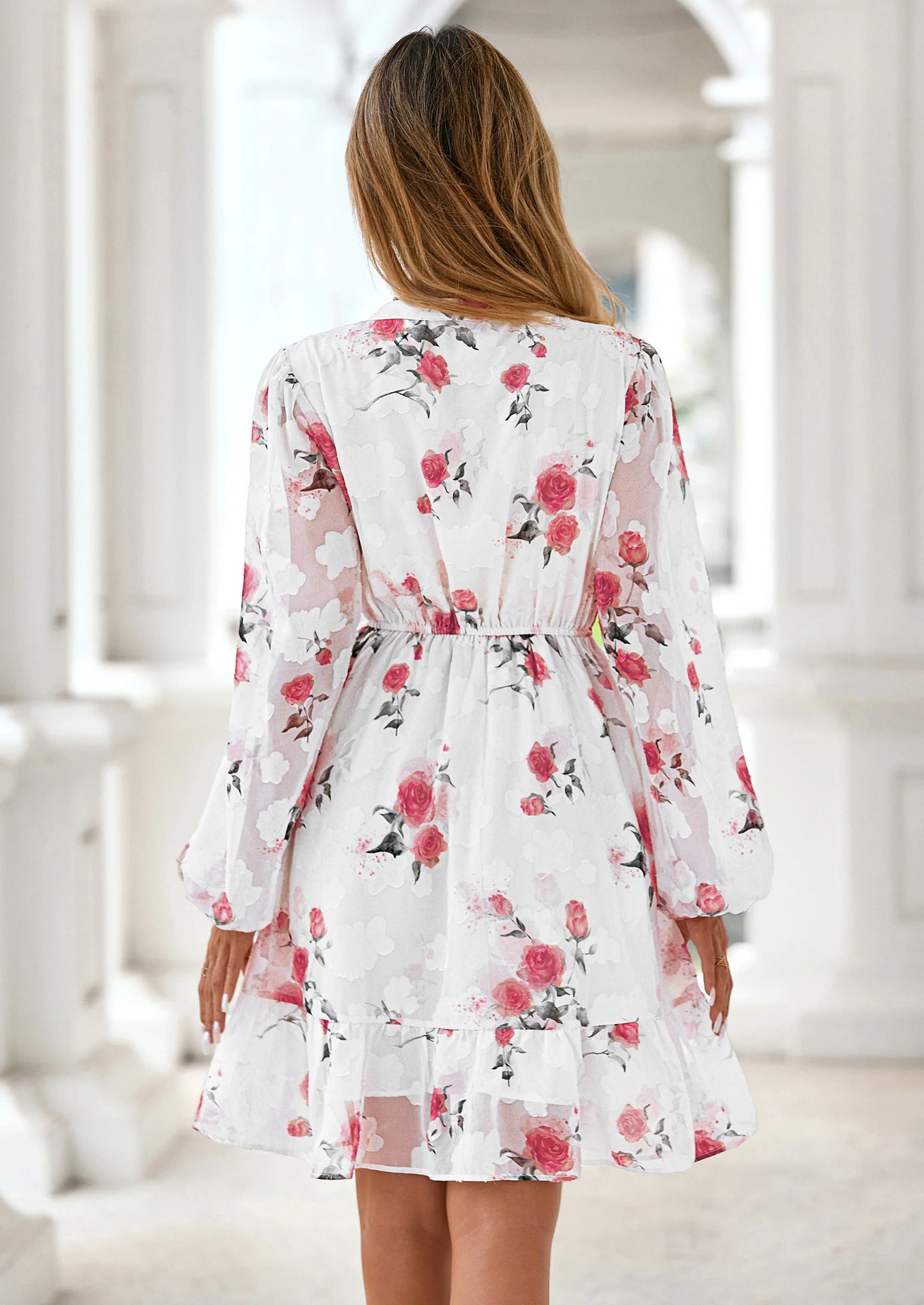 Women's Fall Boho Dresses Floral Long Sleeve V Neck Mini Flowy Wedding Guest Dress Trendy Vacation Outfits