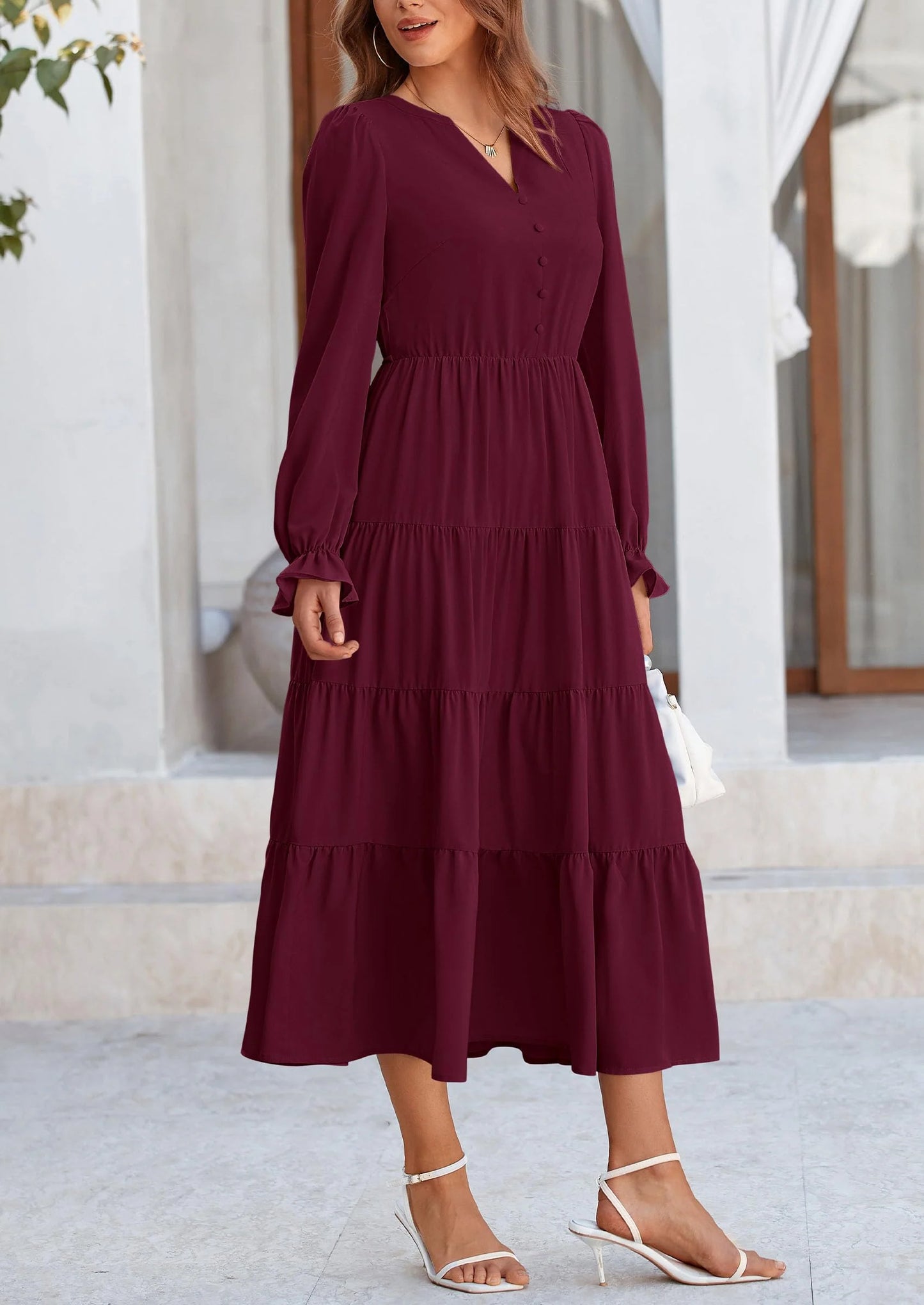 Women Fall Long Sleeve Smocked Maxi Dress Casual Square Neck Swiss Dot Tiered Ruffle Flowy Spring Pocket Dresses