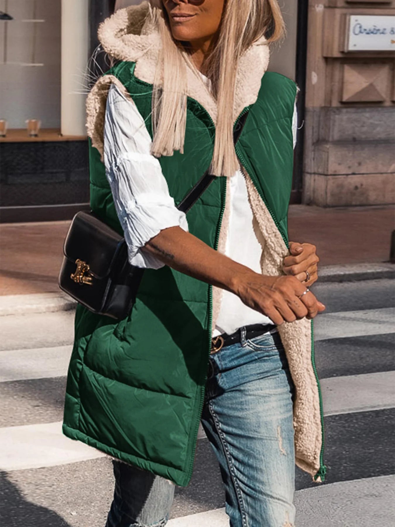 Womens Fall Reversible Vests Sleeveless Fleece Jacket Zip Up Hoodie Pockets Long Warm Winter Coat Outerwear