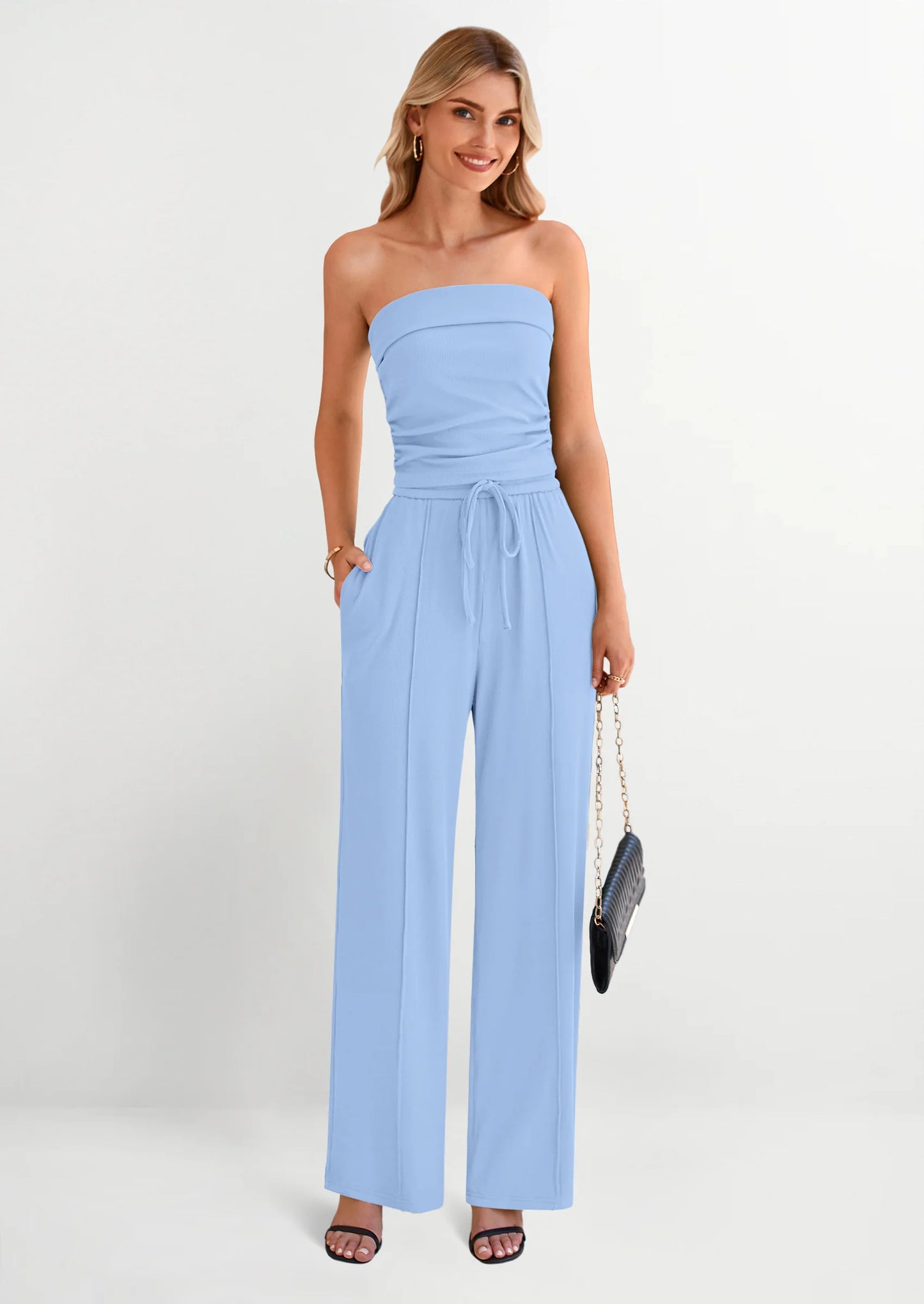 2 Piece Sets Casual Ribbed Knit Crop Tube Top Wide Leg Pants Lounge Set