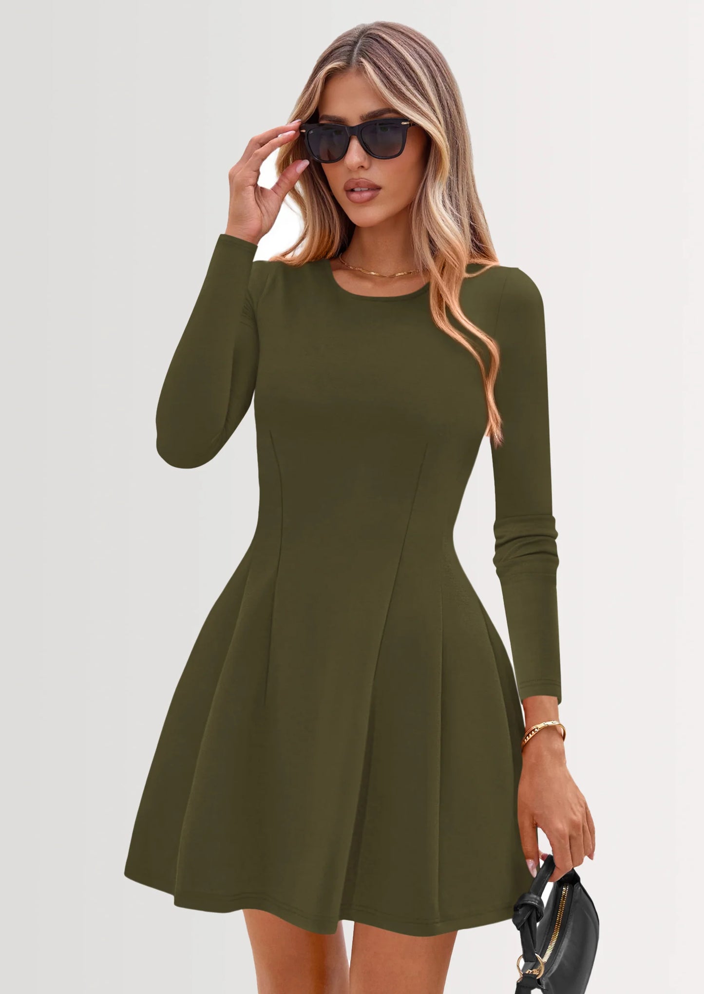 Long Sleeve Mini Dress for Women Fall Crewneck Knit Pleated Babydoll A Line Soft Casual Short Party Dresses