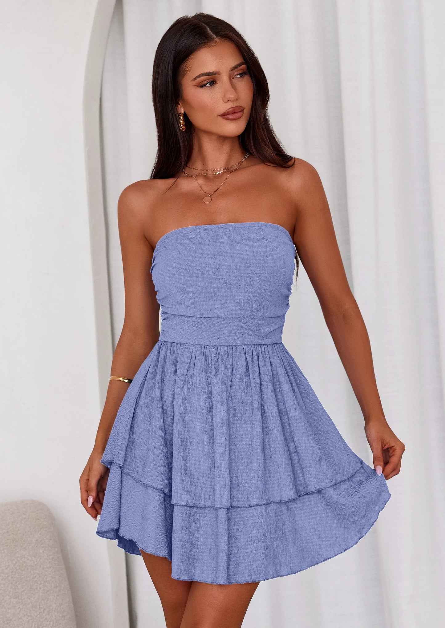 Women's Summer Strapless Tube Mini Dress Off Shoulder Smocked Ruffle A Line Flowy Short Party Club Dresses