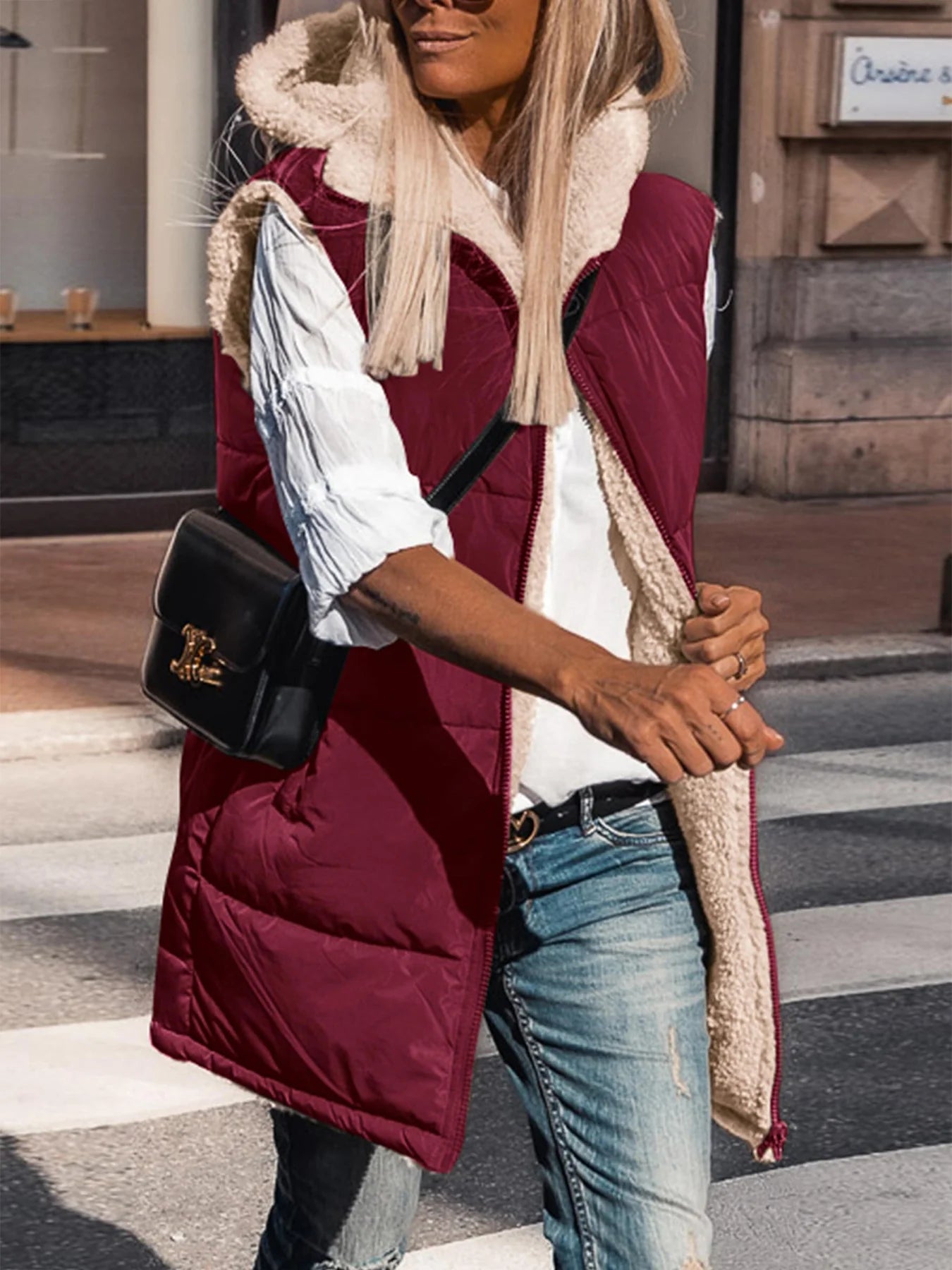 Womens Fall Reversible Vests Sleeveless Fleece Jacket Zip Up Hoodie Pockets Long Warm Winter Coat Outerwear
